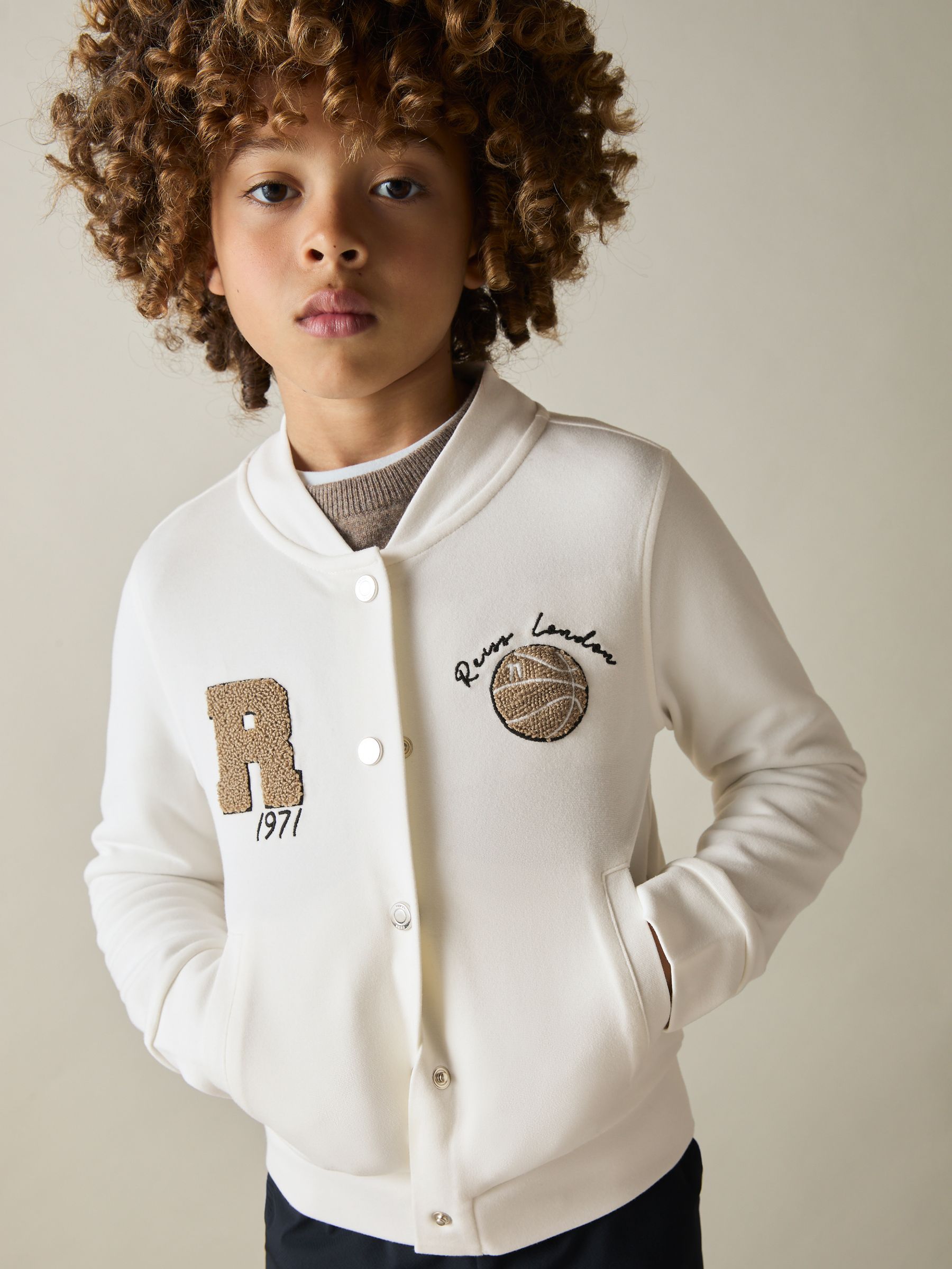 3-9 yrs Interlock-Jersey Basketball Bomber Jacket in Off White - Image 1 of 4