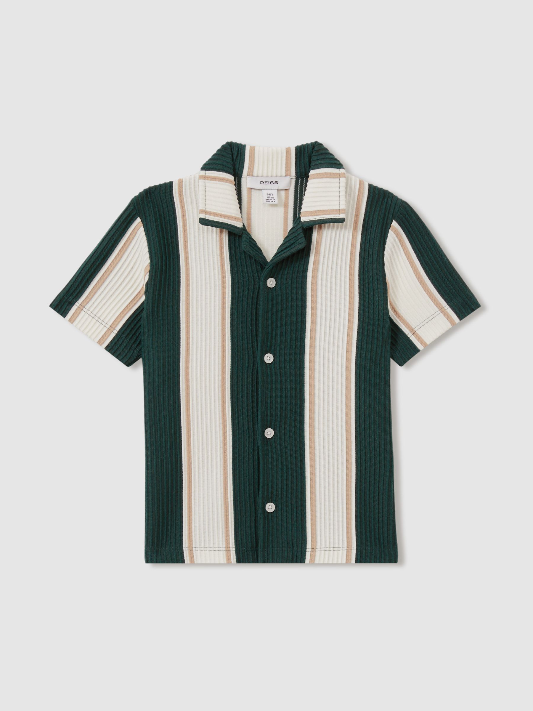 9-13 yrs Ribbed Cuban Collar Shirt in Forest Green/Off White/Soft Camel Brown - Image 2 of 4