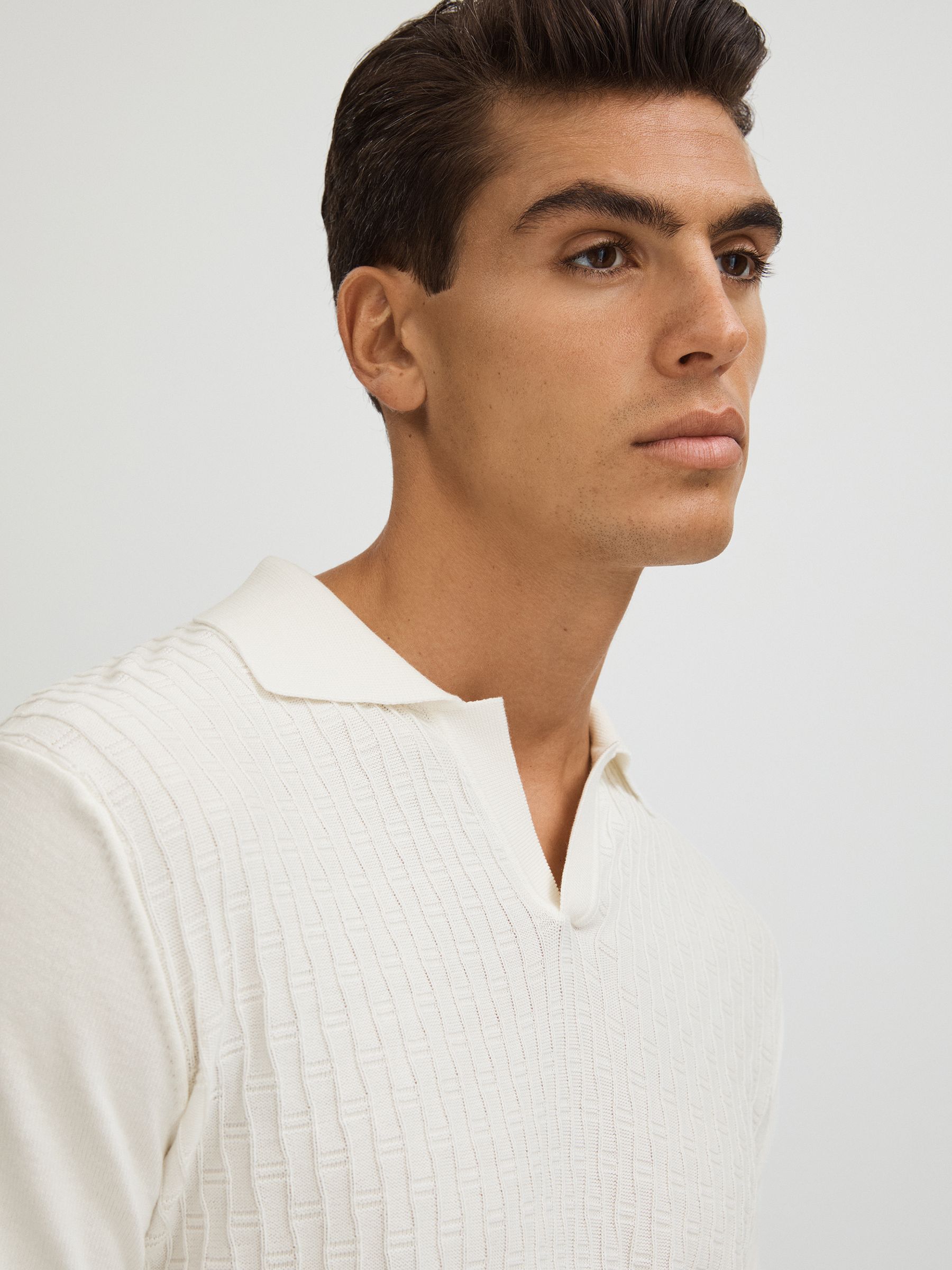 Oscar Jacobson 100% Cotton Open-Collar Polo Shirt in Snow White - Image 1 of 5