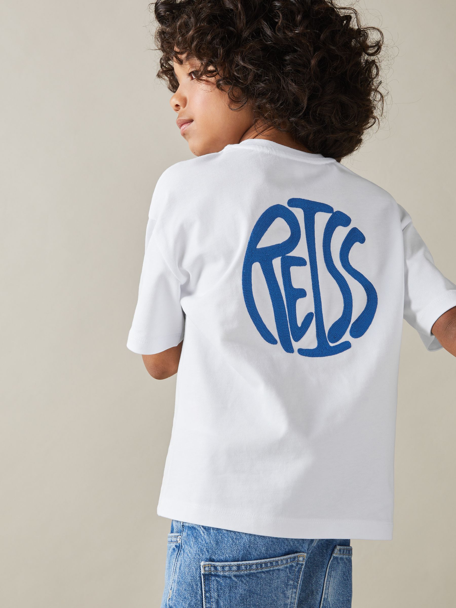 9-13 yrs Oversized Cotton Embroidered T-Shirt in Optic White/Blue - Image 1 of 5