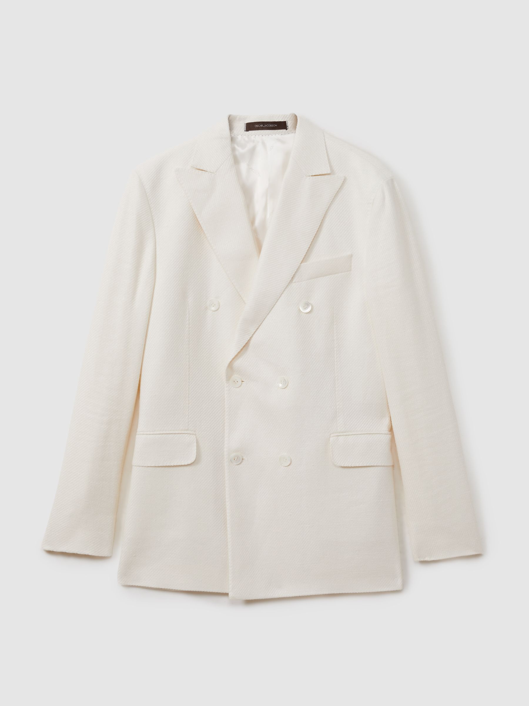 Oscar Jacobson Linen-Wool Twill Double Breasted Blazer in Snow White - Image 2 of 6