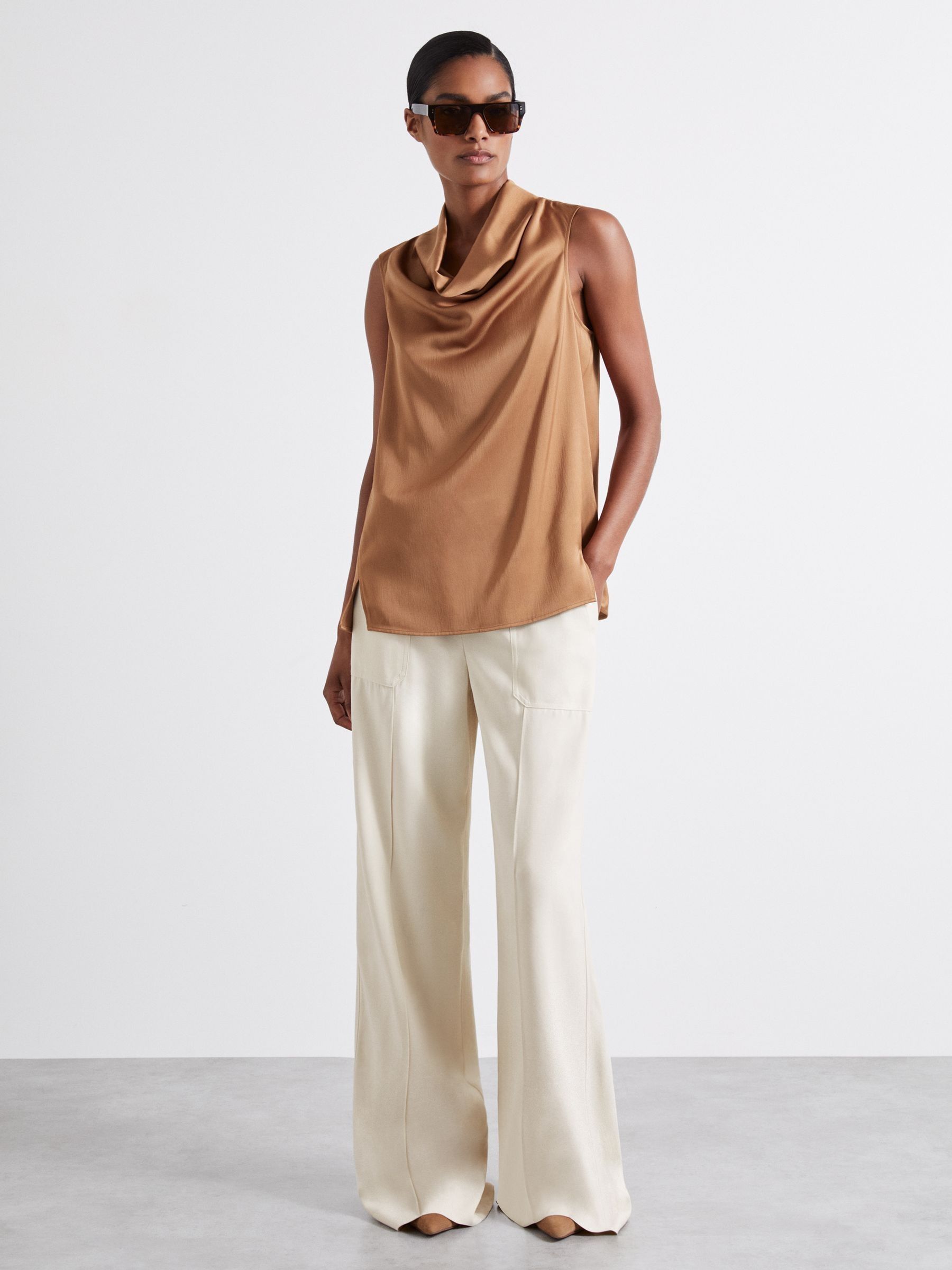 Atelier Satin Cowl-Neck Top in Tan - Image 1 of 5