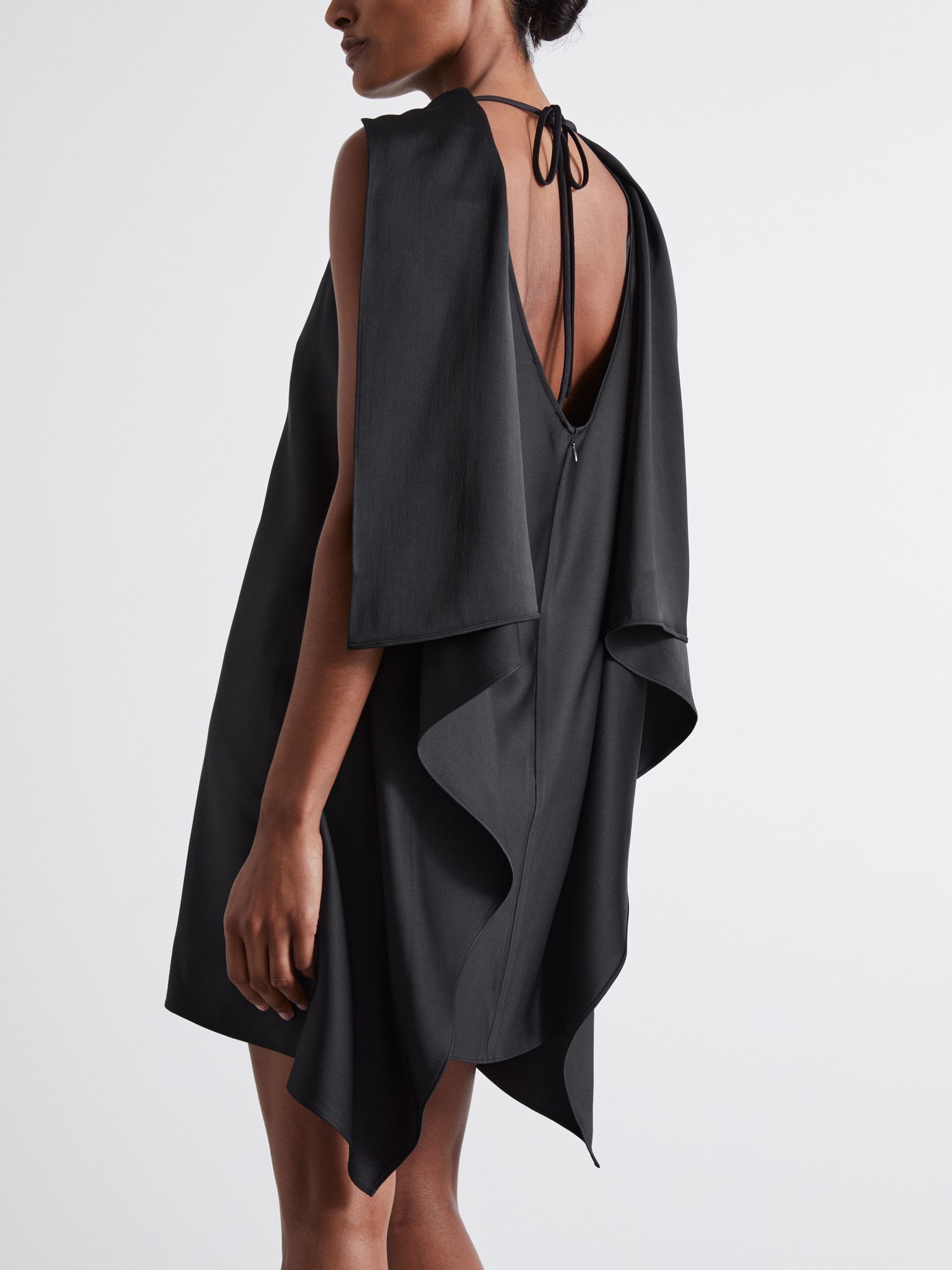 Atelier Asymmetric Satin Cape-Sleeve Mini Dress in Black - Image 3 of 5