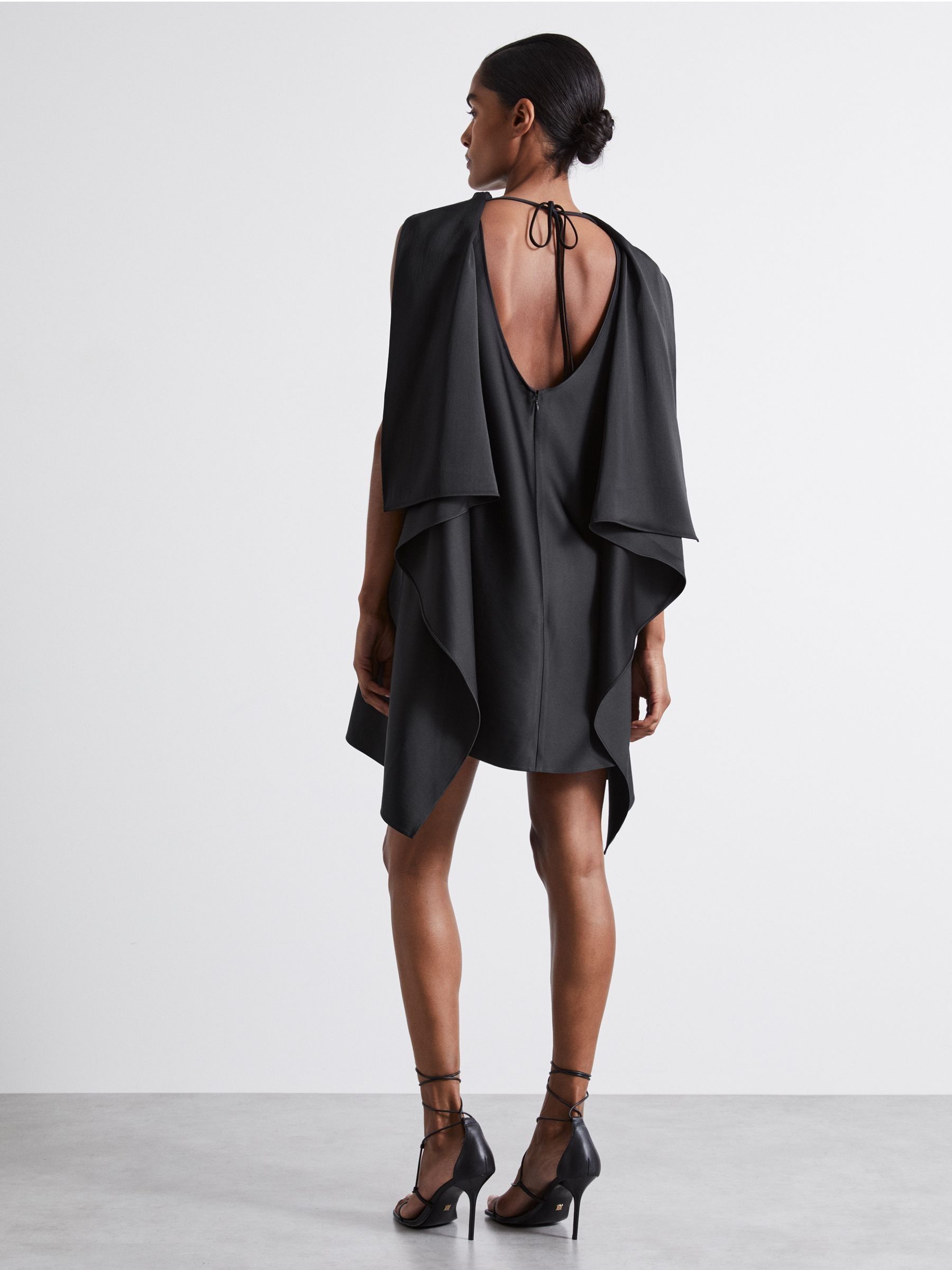 Atelier Asymmetric Satin Cape-Sleeve Mini Dress in Black - Image 4 of 5