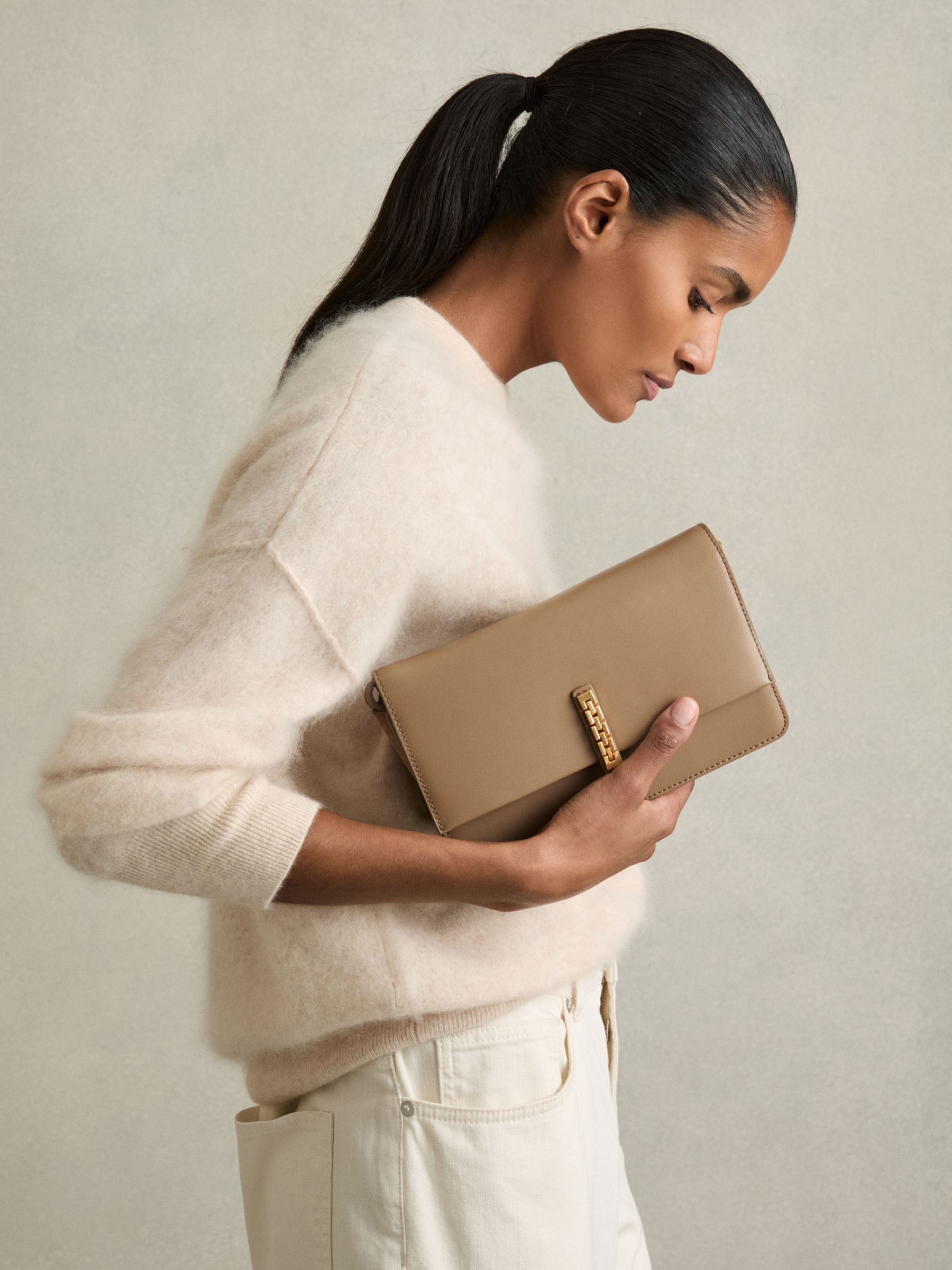 Leather Suede Chain Cross-Body Bag in Taupe - Image 2 of 5