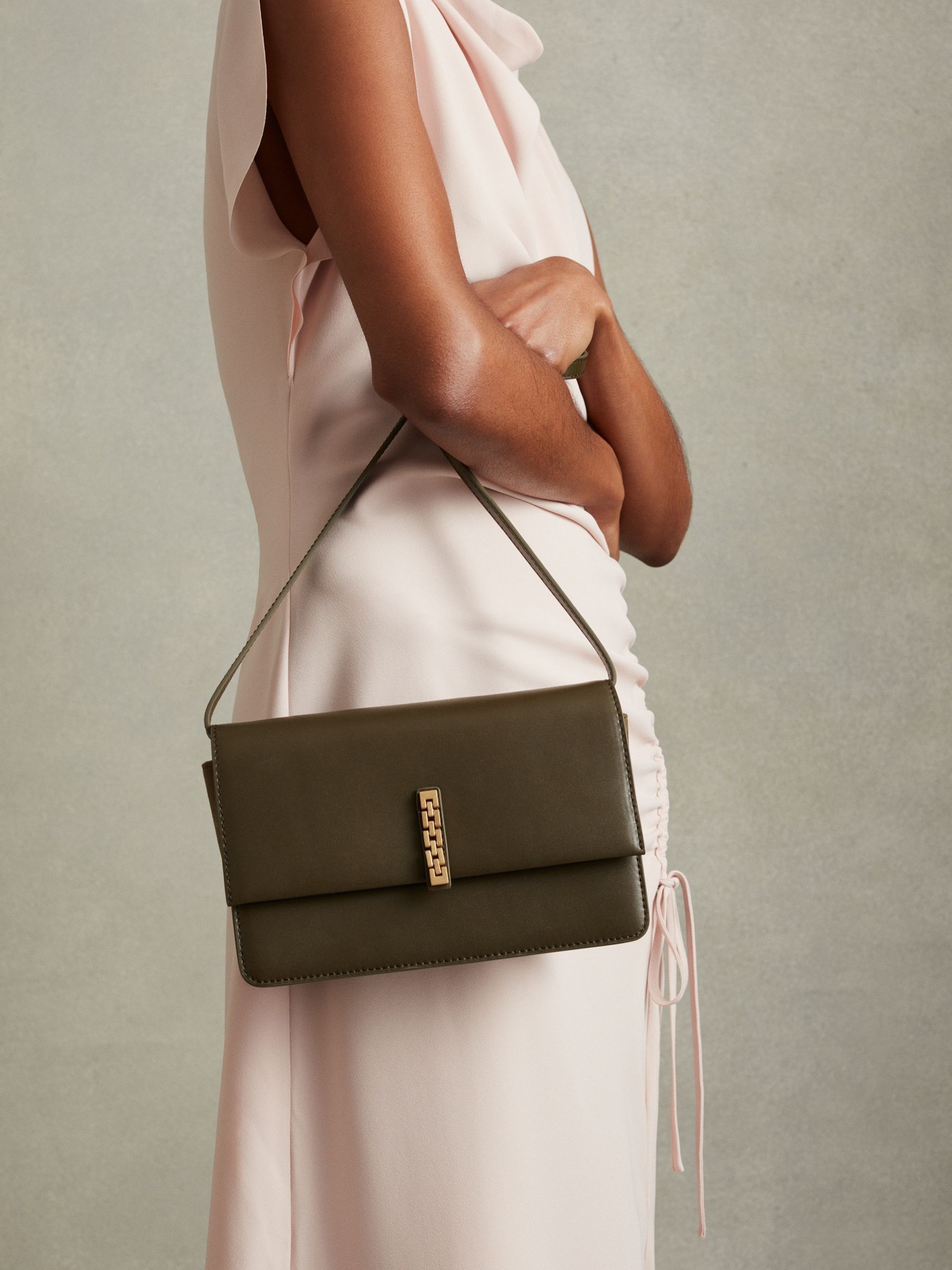 Leather Suede Chain Crossbody Bag in Olive - Image 2 of 5