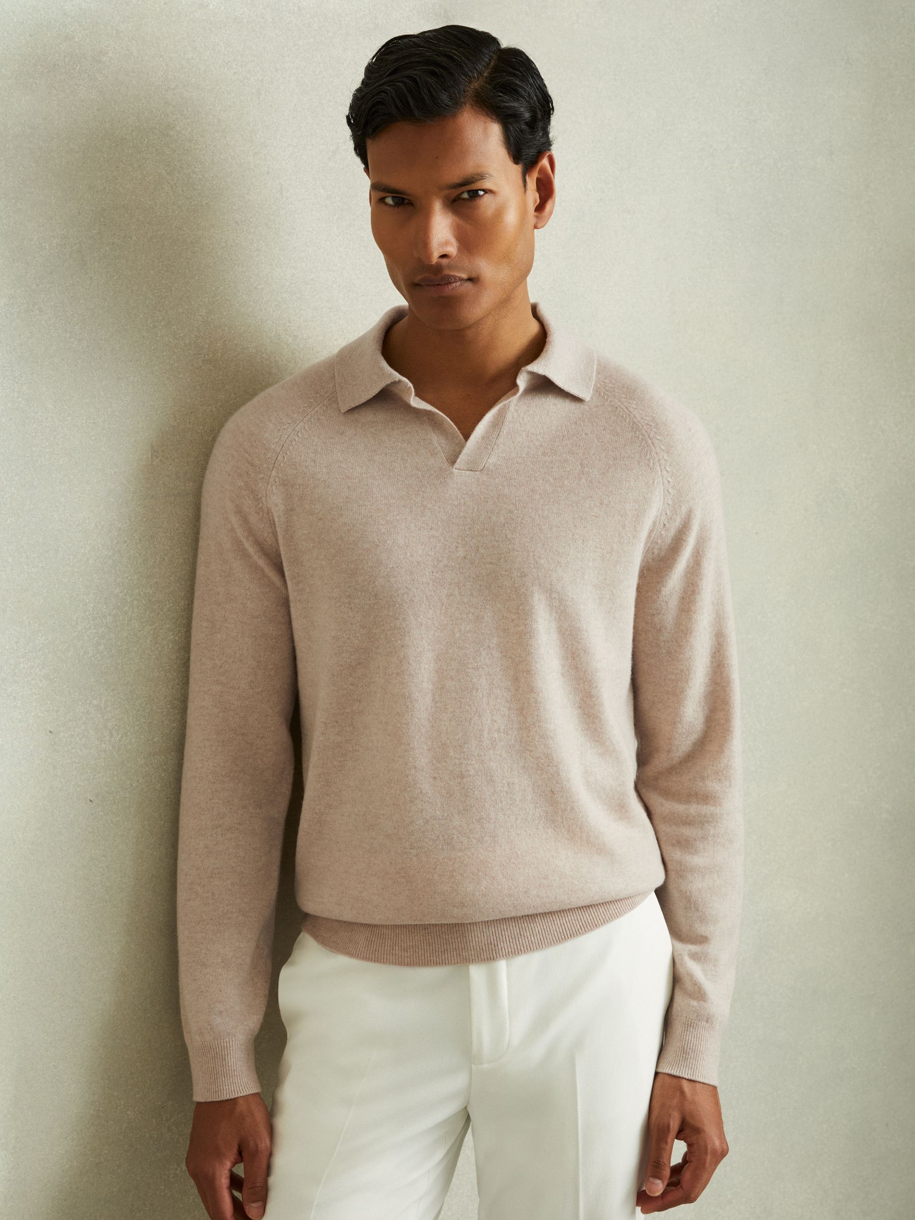 Wool-Cashmere Open-Collar Polo Shirt in Oatmeal - Image 1 of 5