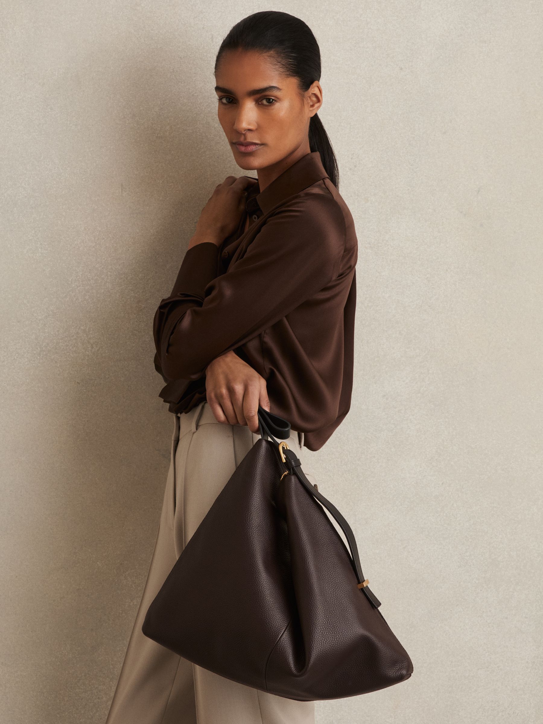 Grained Leather Tote Bag in Chocolate - Image 2 of 5