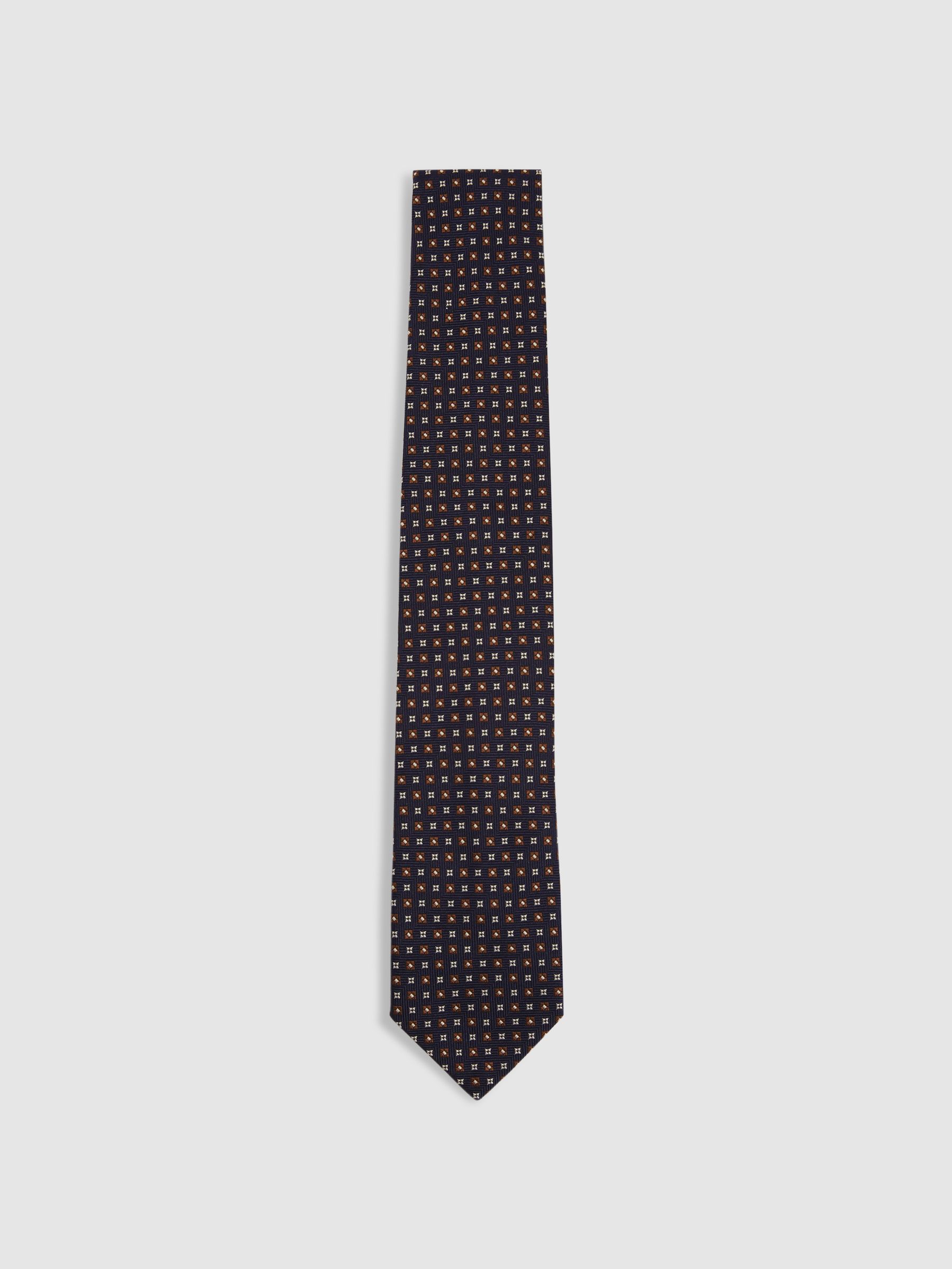 Silk Blend Foulard Floral Tie in Navy/Tobacco - Image 1 of 5