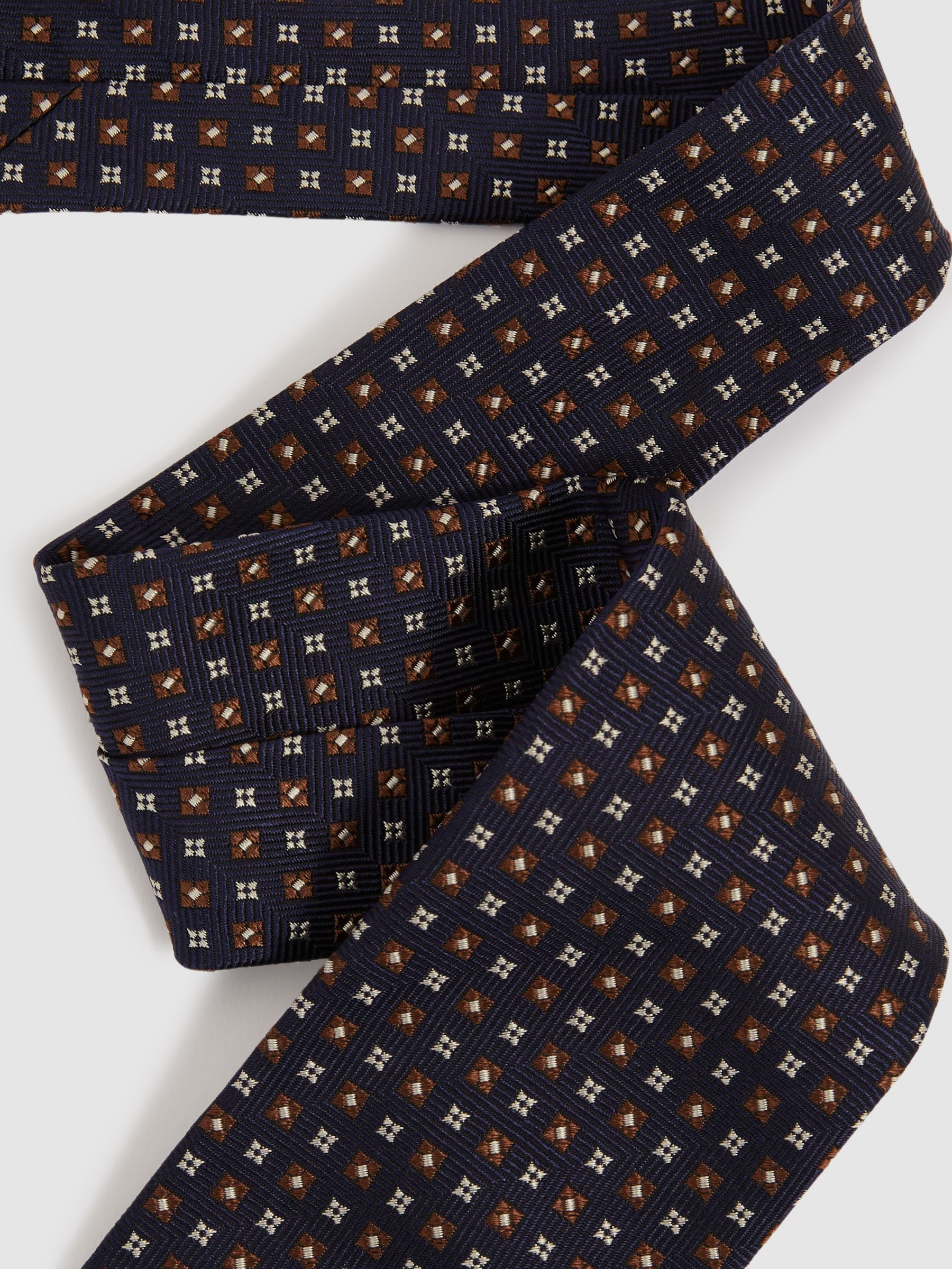 Silk Blend Foulard Floral Tie in Navy/Tobacco - Image 3 of 5