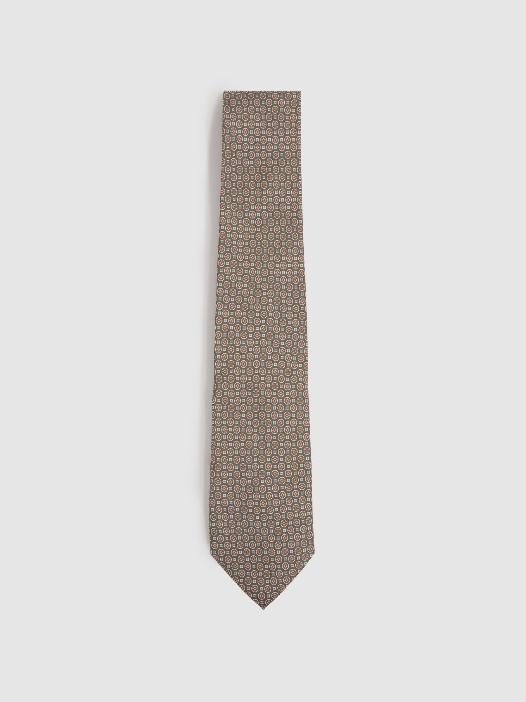 Silk Medallion Print Tie in Olive - Image 1 of 5