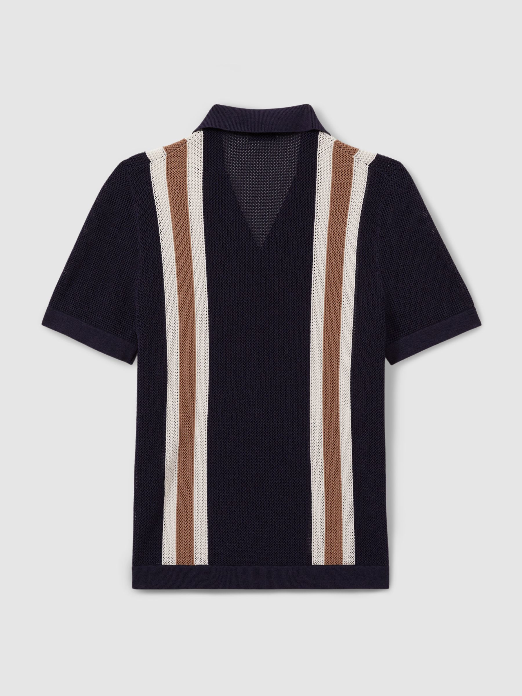 Reiss | Ché Knitted Contrast Stripe Cuban Collar Shirt in Navy/Camel - Image 3 of 5