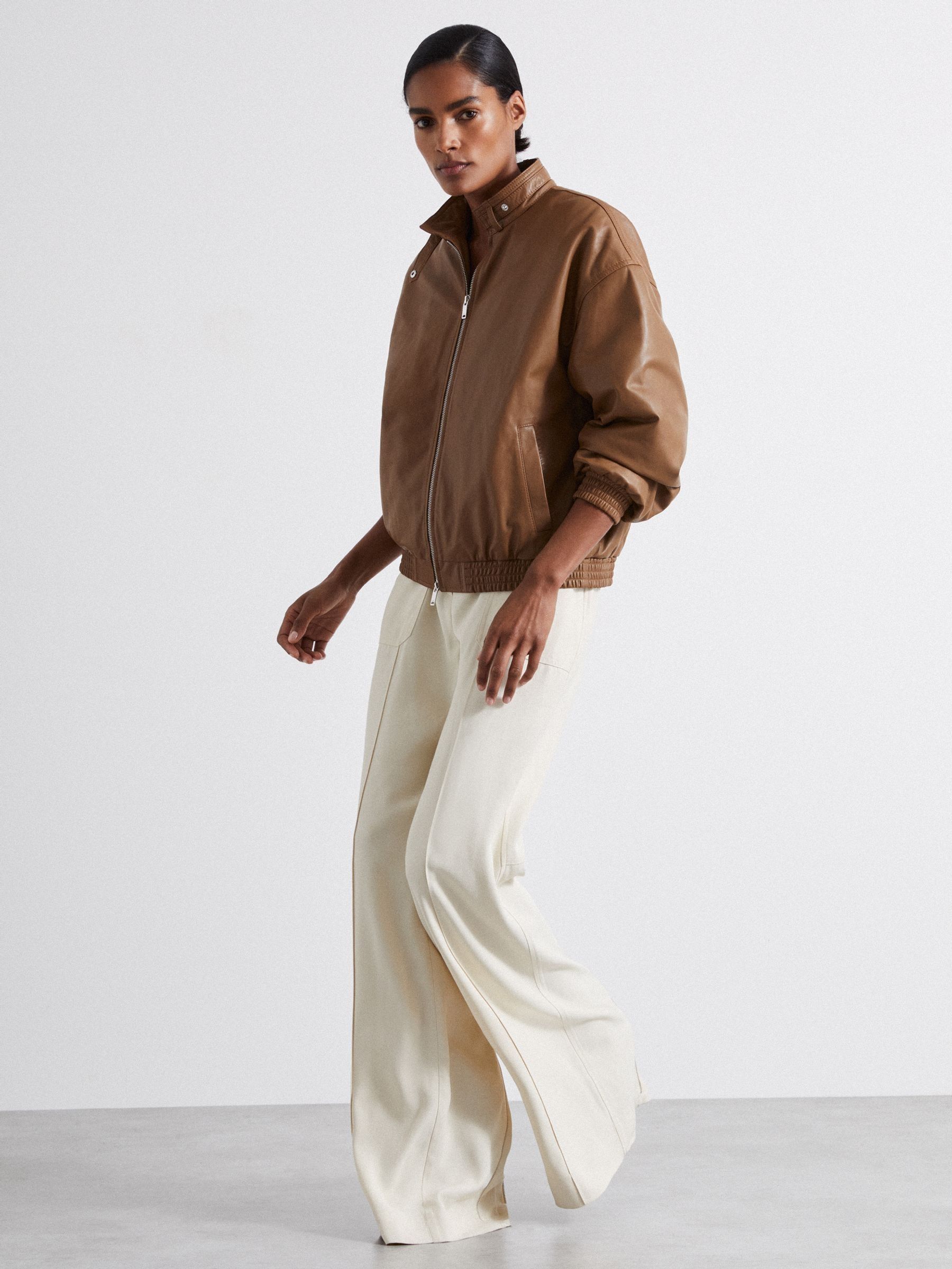 Atelier Leather Latched-Collar Bomber Jacket in Tan - Image 4 of 6
