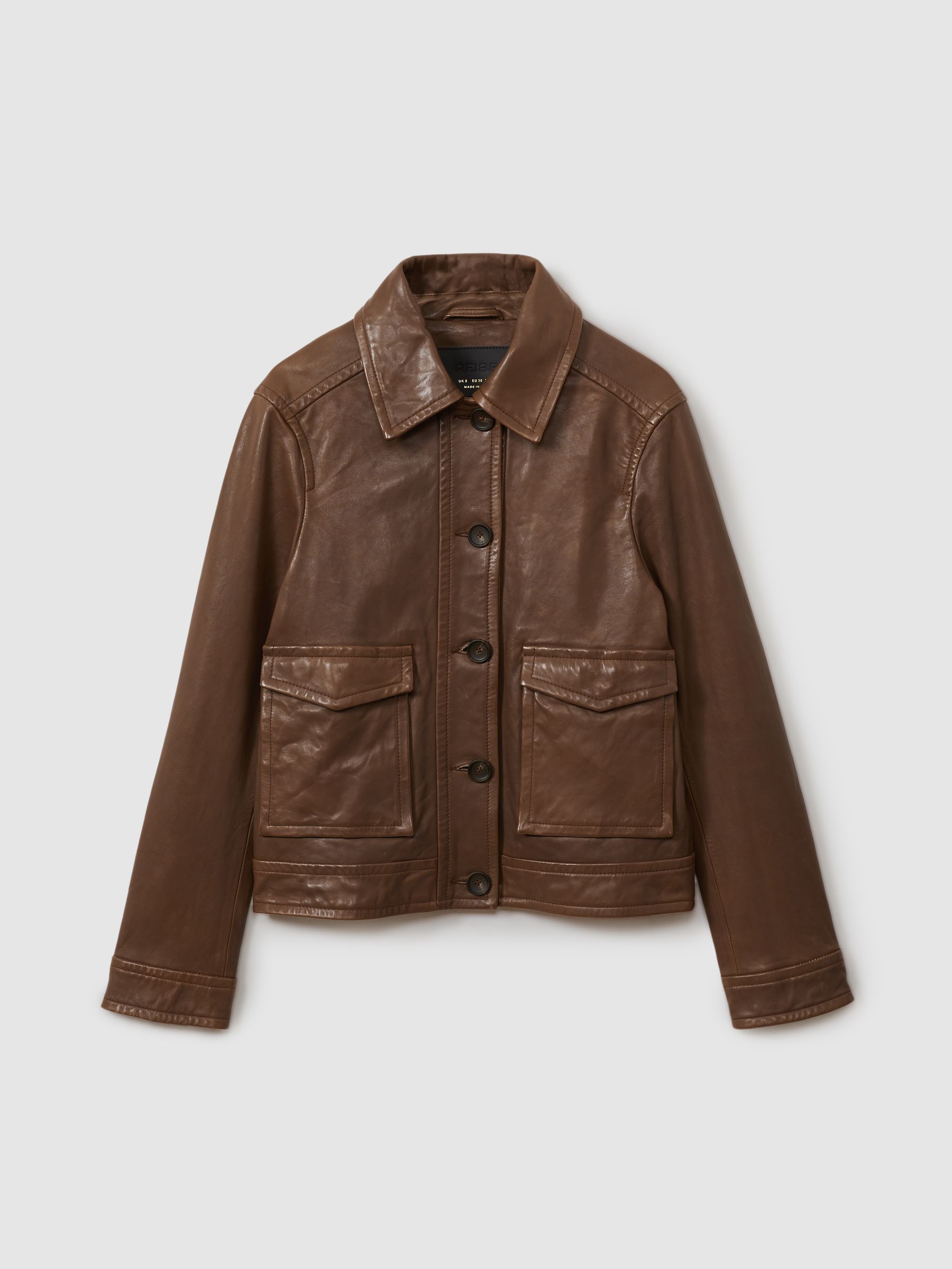 Leather Trucker Jacket in Chocolate - Image 2 of 5