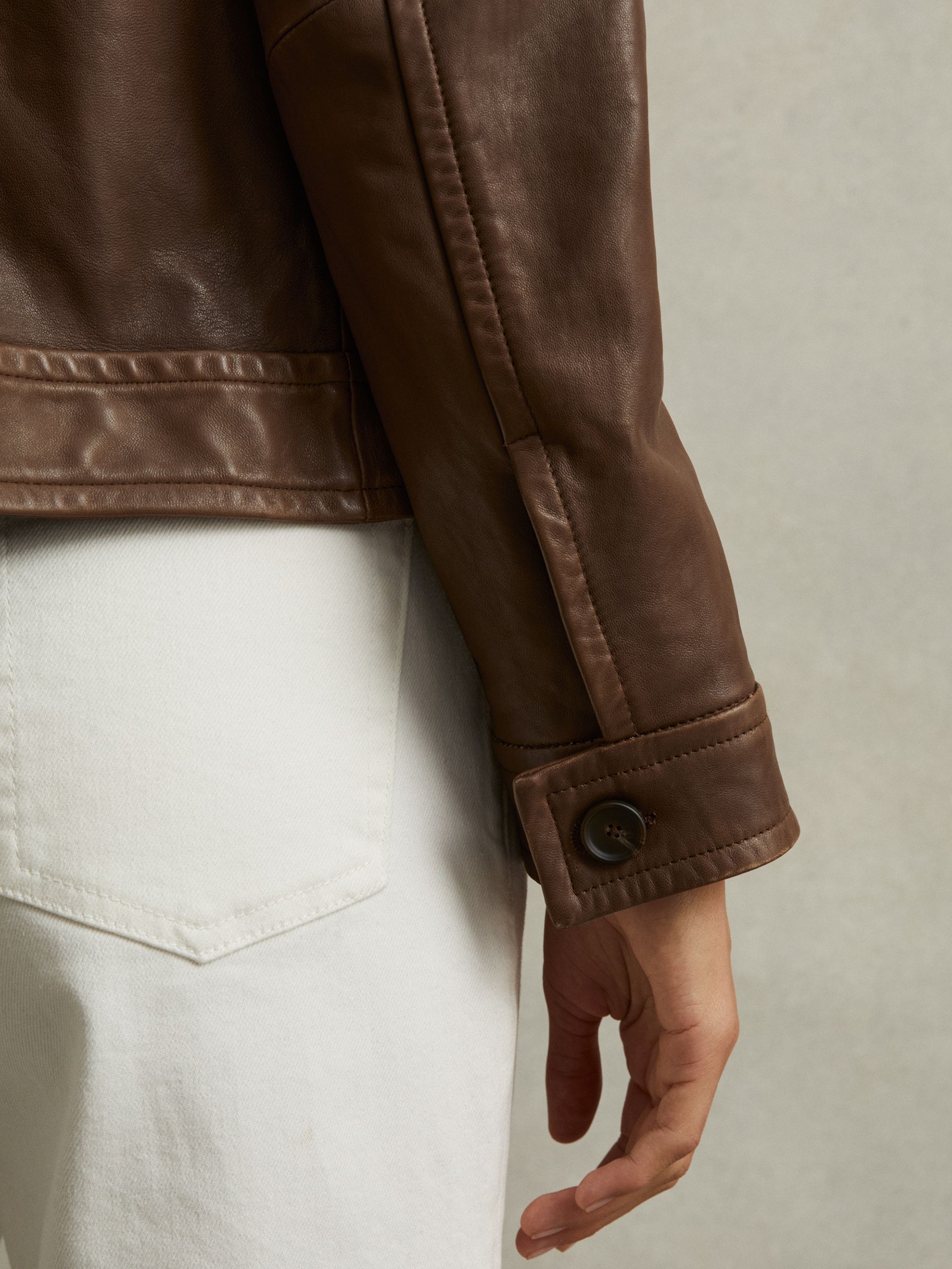 Leather Trucker Jacket in Chocolate - Image 3 of 5