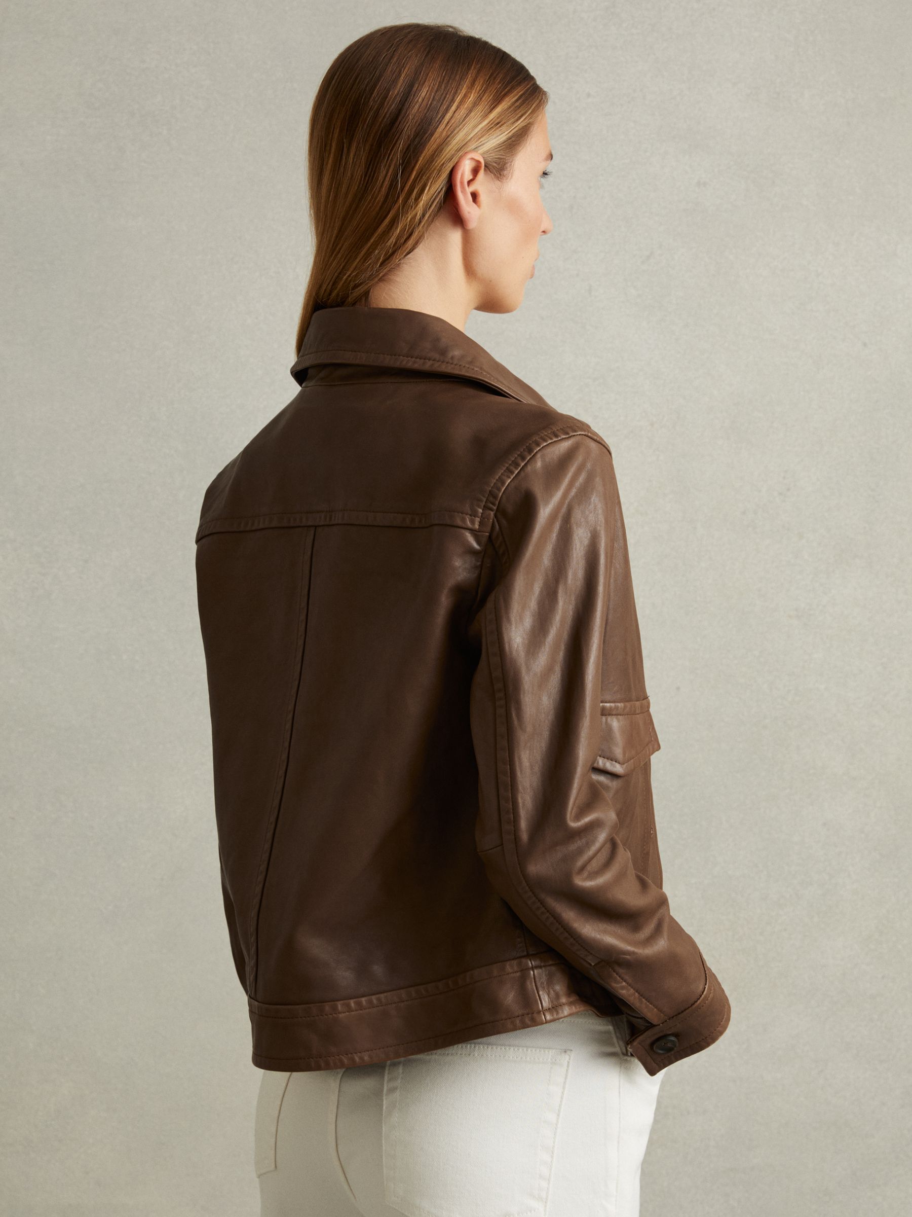 Leather Trucker Jacket in Chocolate - Image 4 of 5
