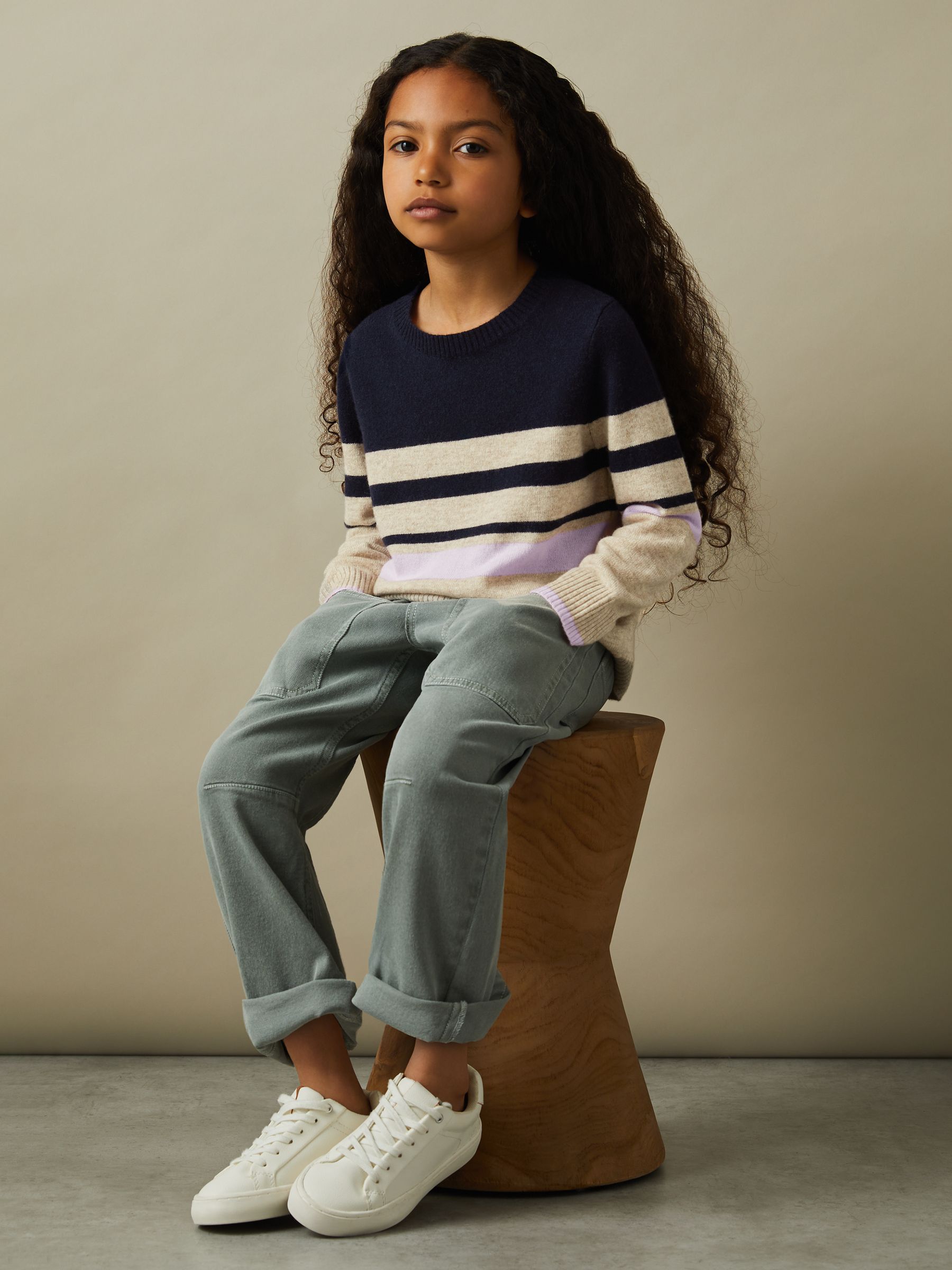 13-14 yrs Wool Blend Striped Crew Neck Jumper in Navy - Image 2 of 4