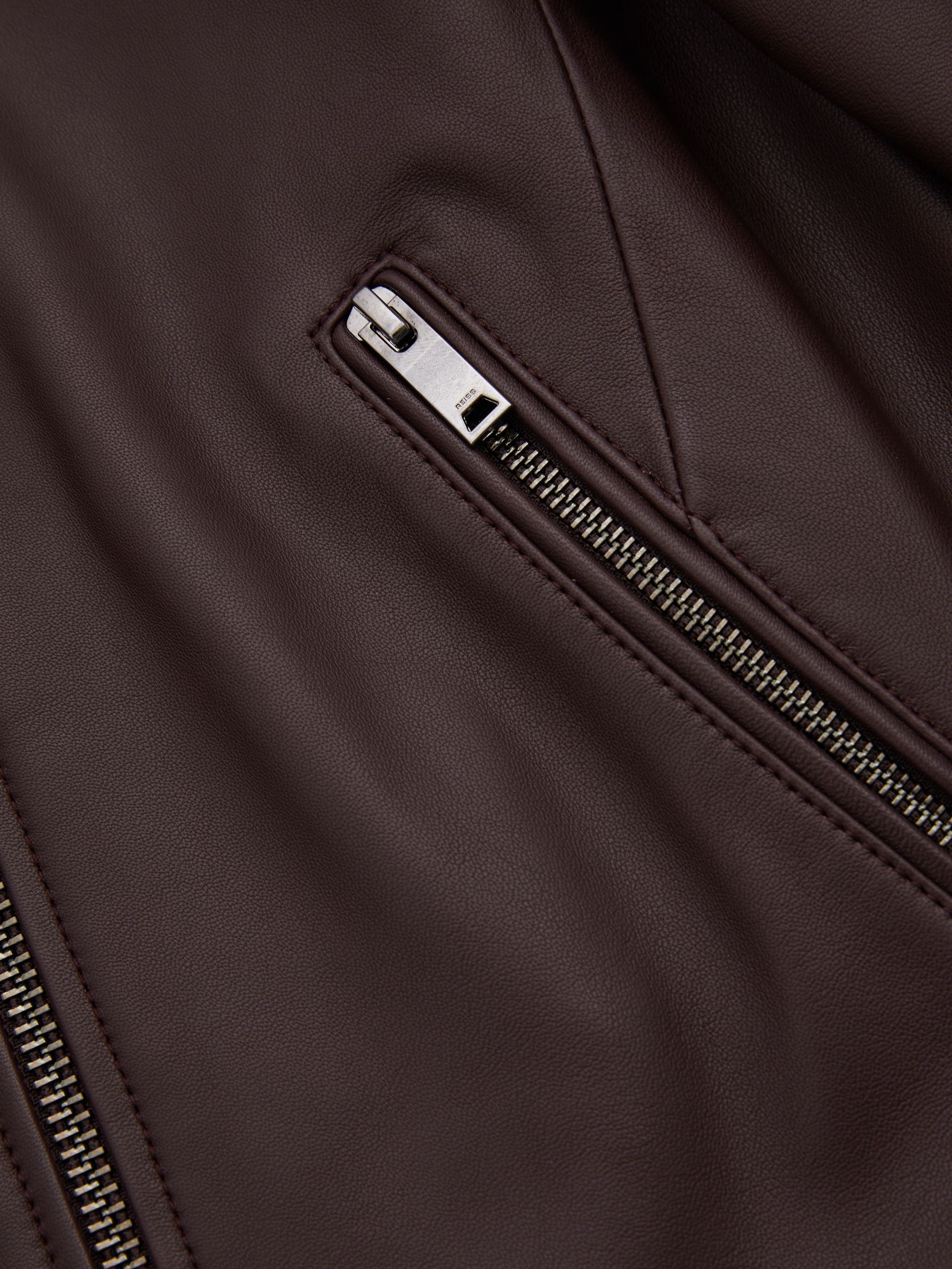 Leather Collarless Biker Jacket in Berry - Image 5 of 5