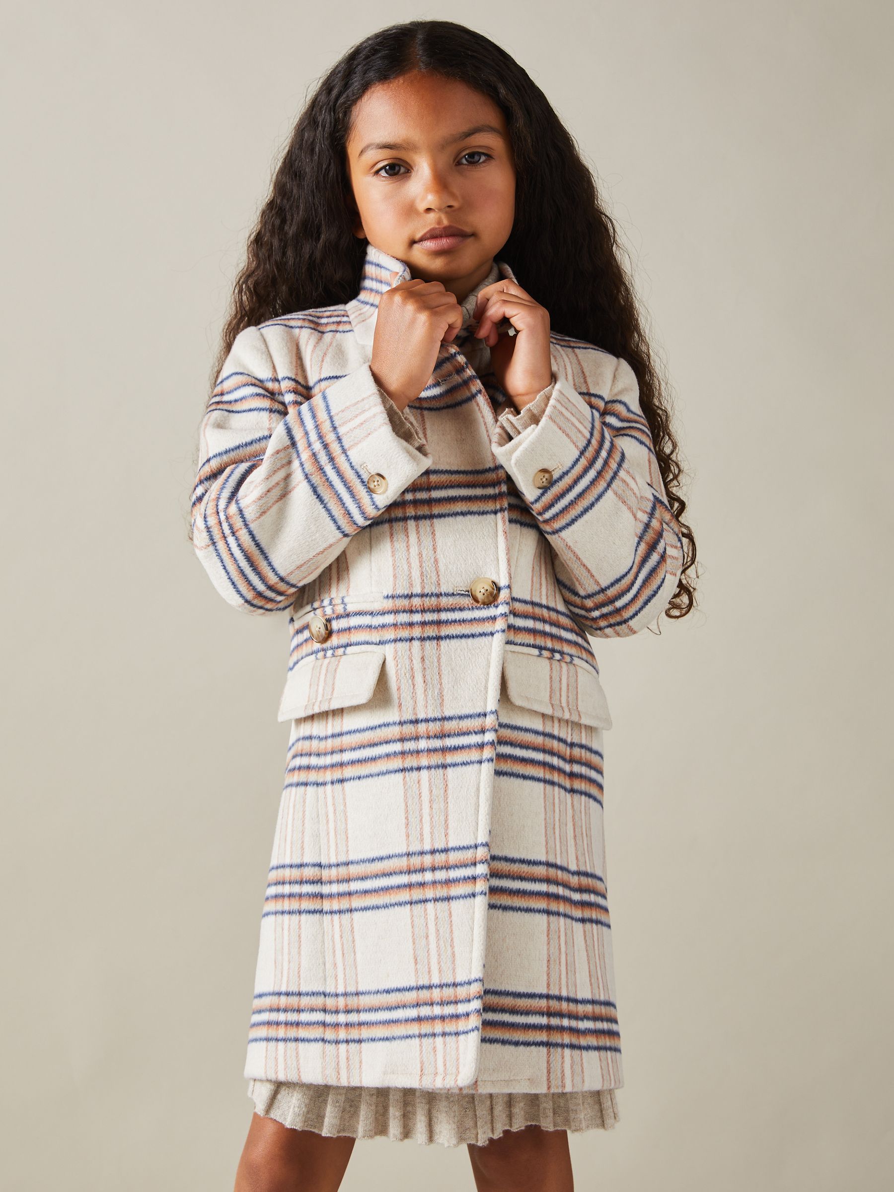 4-9 yrs Wool Blend Checked Asymmetric Funnel Neck Coat in Brown - Image 1 of 4