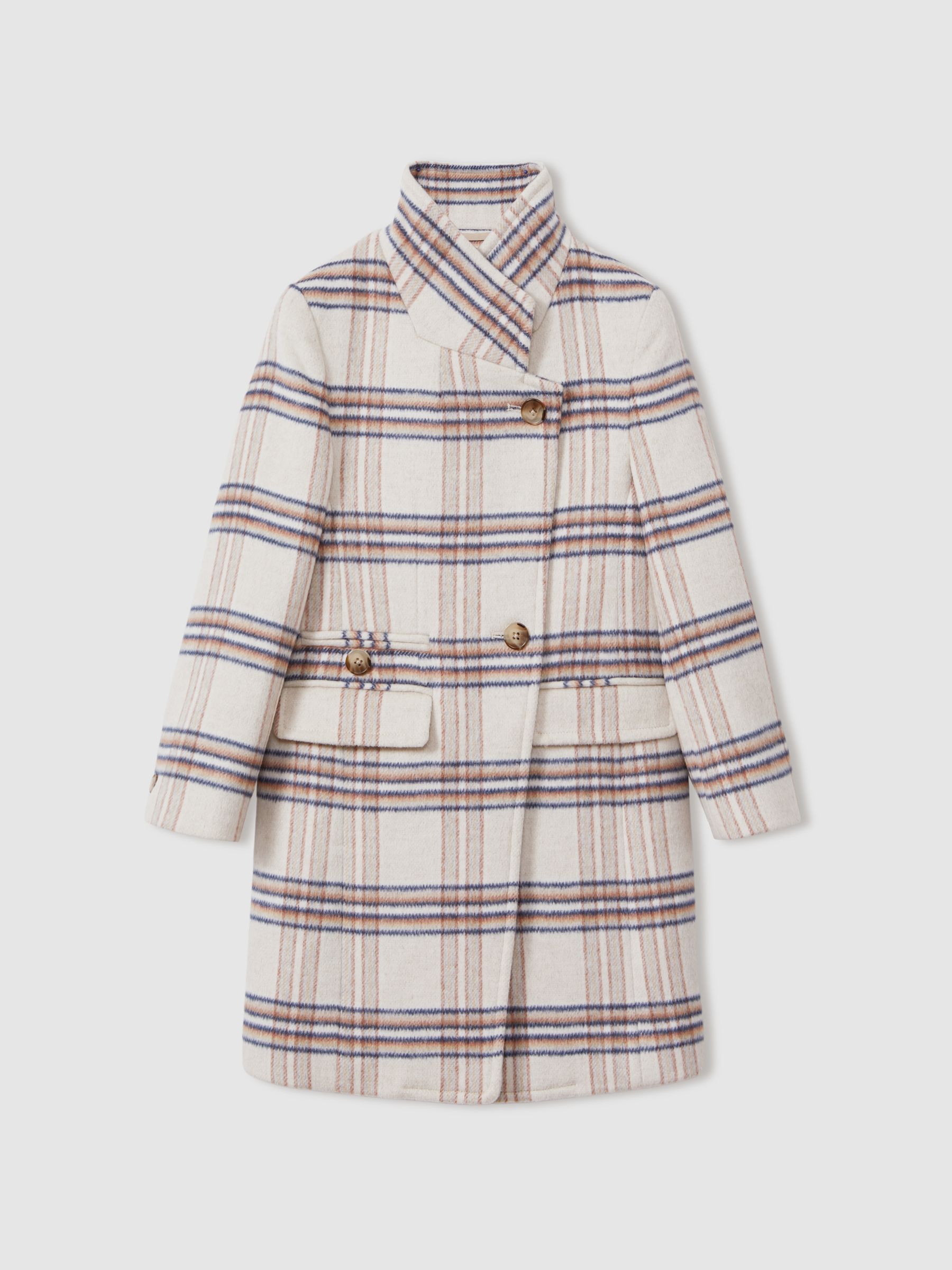 4-9 yrs Wool Blend Checked Asymmetric Funnel Neck Coat in Brown - Image 2 of 4