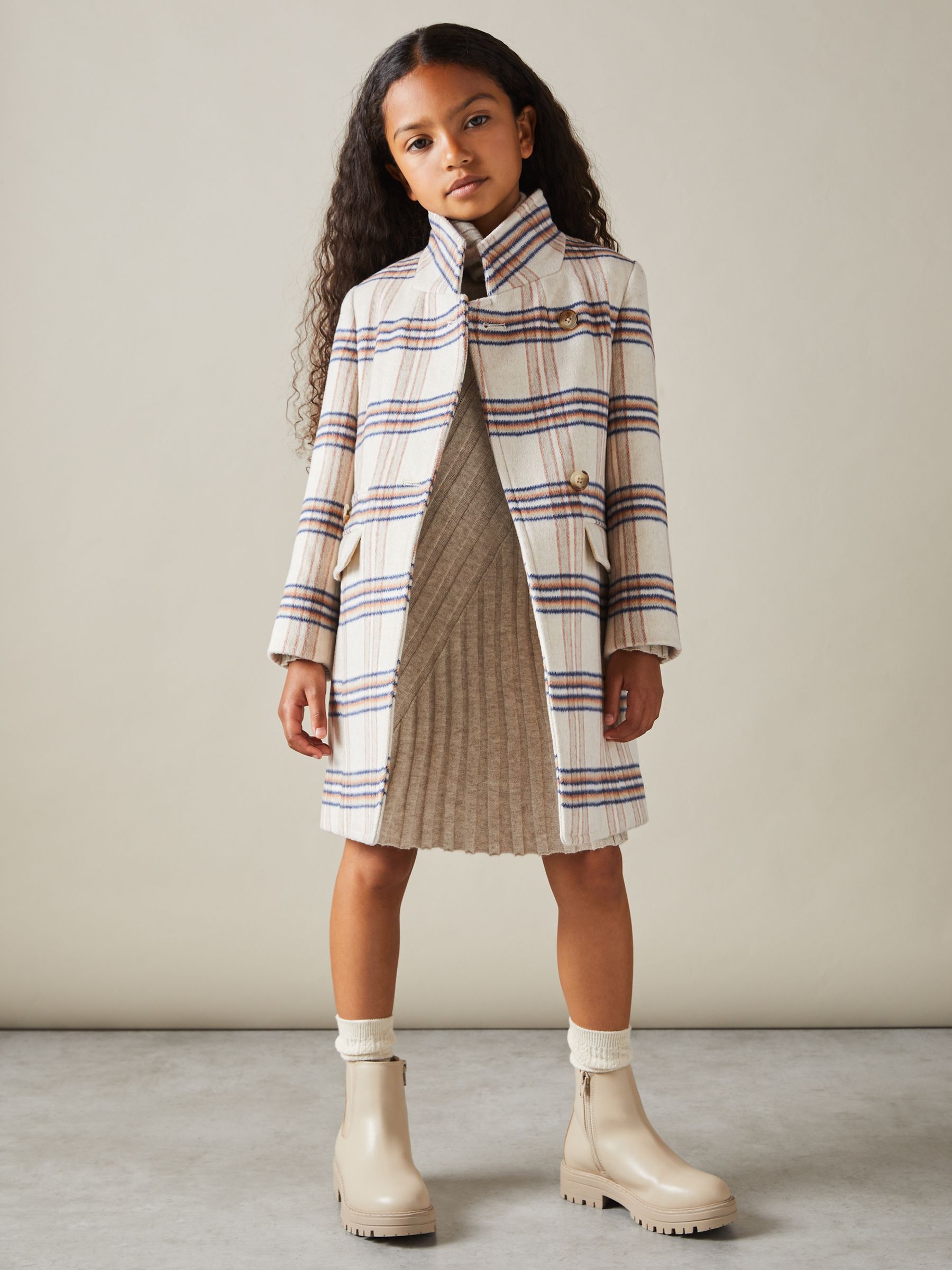4-9 yrs Wool Blend Checked Asymmetric Funnel Neck Coat in Brown - Image 3 of 4