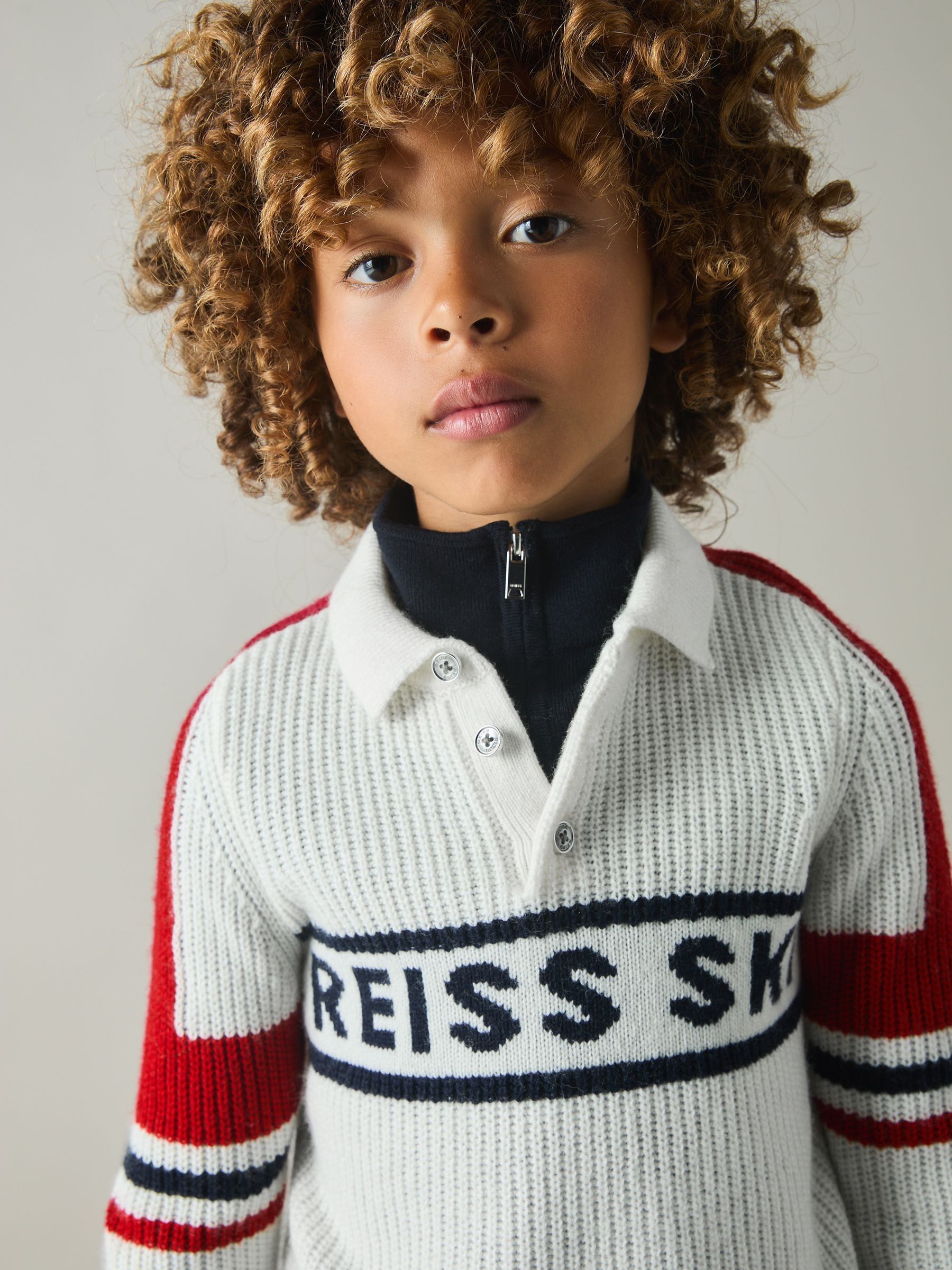 3-9 yrs Colourblock Ski Polo Neck Jumper in Off White/Red - Image 3 of 4