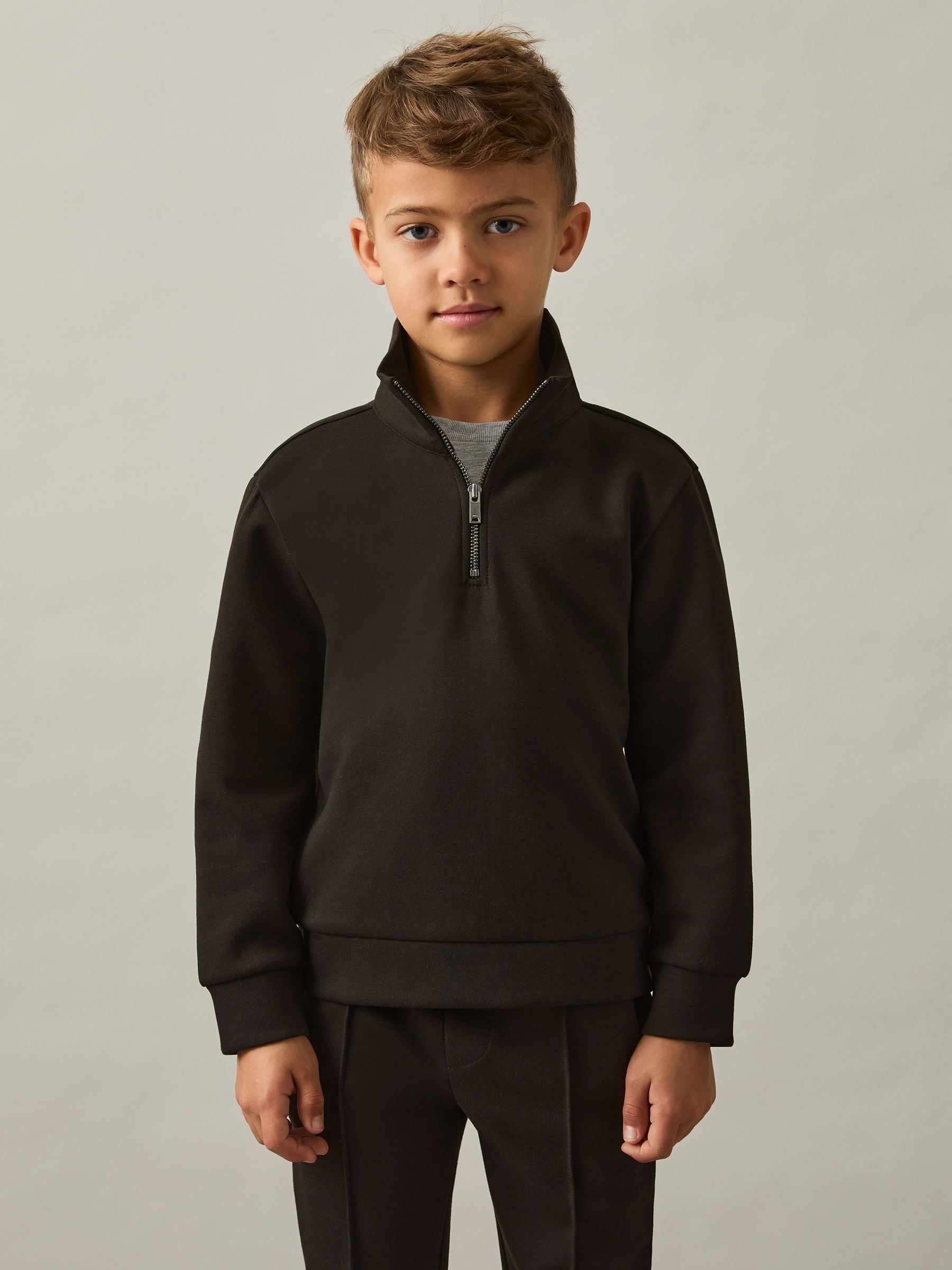 3-9 yrs Interlock-Jersey Half-Zip Sweatshirt in Chocolate Brown - Image 1 of 4 3-9 yrs Interlock-Jersey Half-Zip Sweatshirt in Chocolate Brown - Image 1 of 4