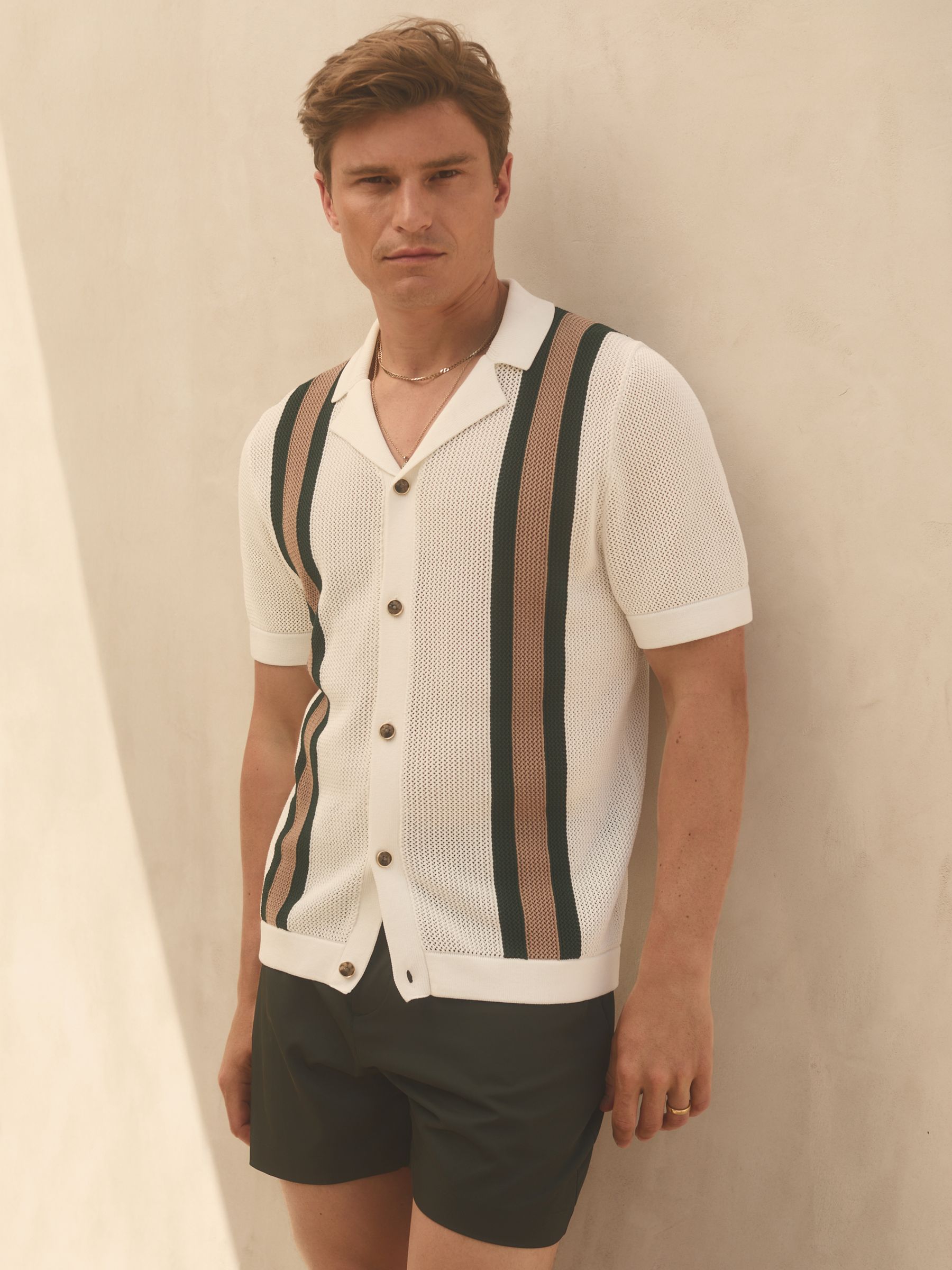 Reiss | Ché Knitted Contrast Stripe Cuban Collar Shirt in White/Dark Green - Image 1 of 5