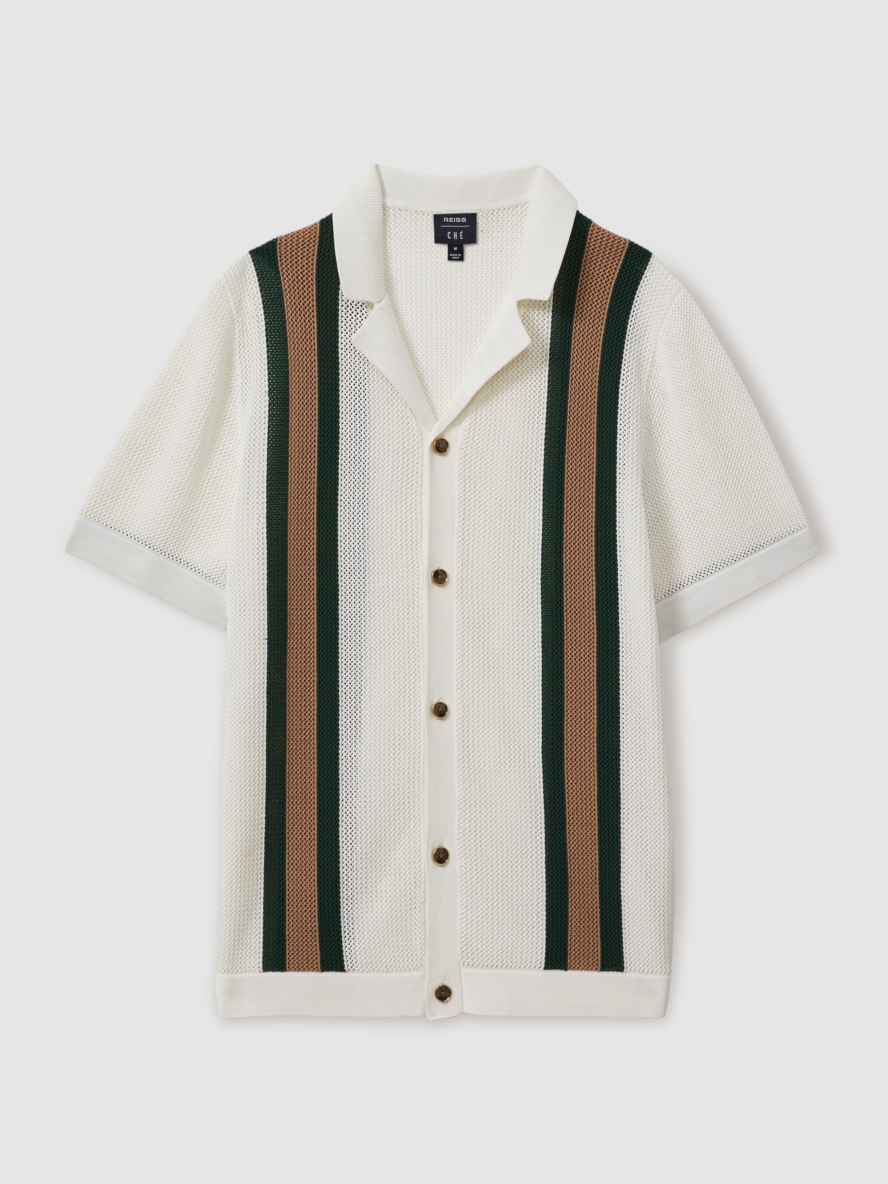 Reiss | Ché Knitted Contrast Stripe Cuban Collar Shirt in White/Dark Green - Image 2 of 5