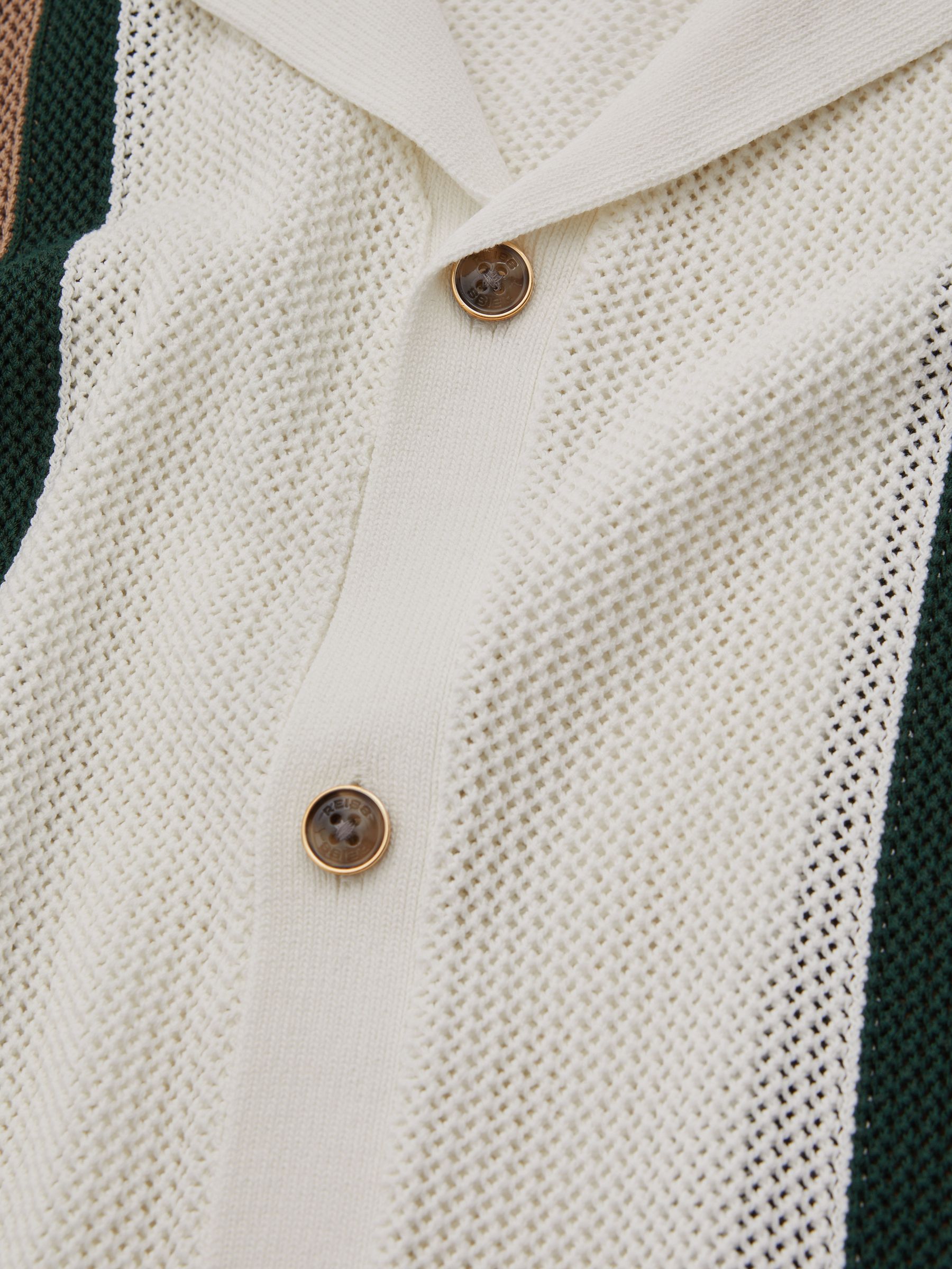 Reiss | Ché Knitted Contrast Stripe Cuban Collar Shirt in White/Dark Green - Image 4 of 5