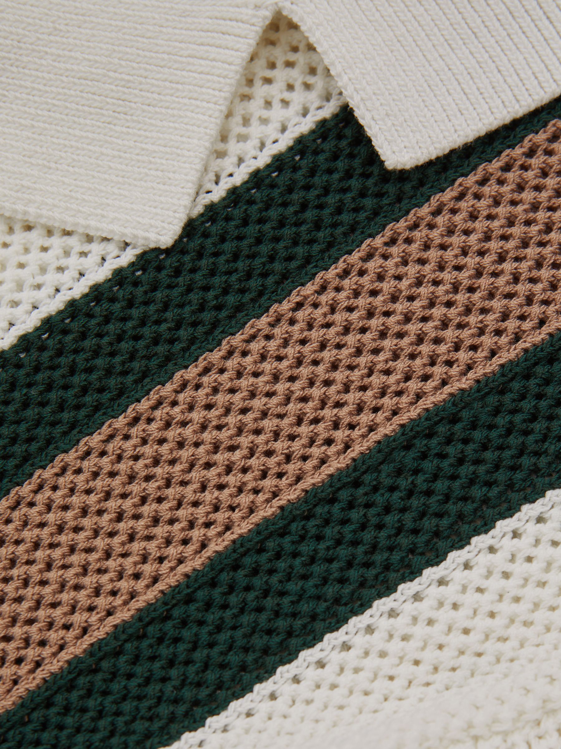 Reiss | Ché Knitted Contrast Stripe Cuban Collar Shirt in White/Dark Green - Image 5 of 5