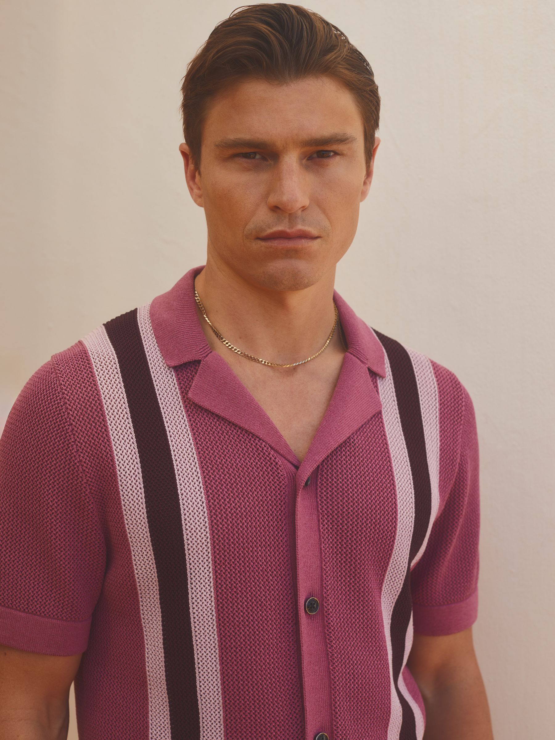 Reiss | Ché Knitted Contrast Stripe Cuban Collar Shirt in Pink Multi - Image 1 of 6