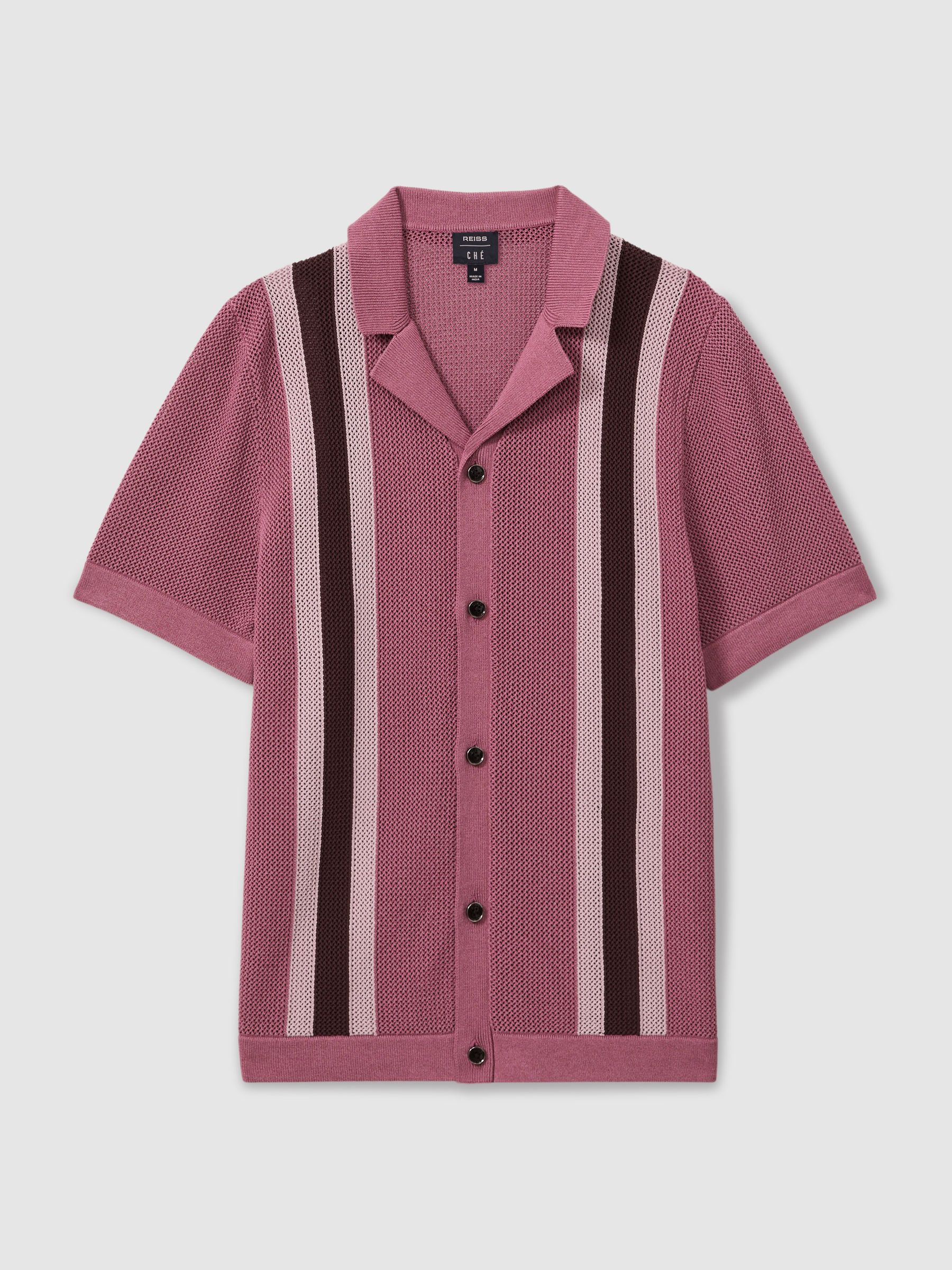Reiss | Ché Knitted Contrast Stripe Cuban Collar Shirt in Pink Multi - Image 2 of 6