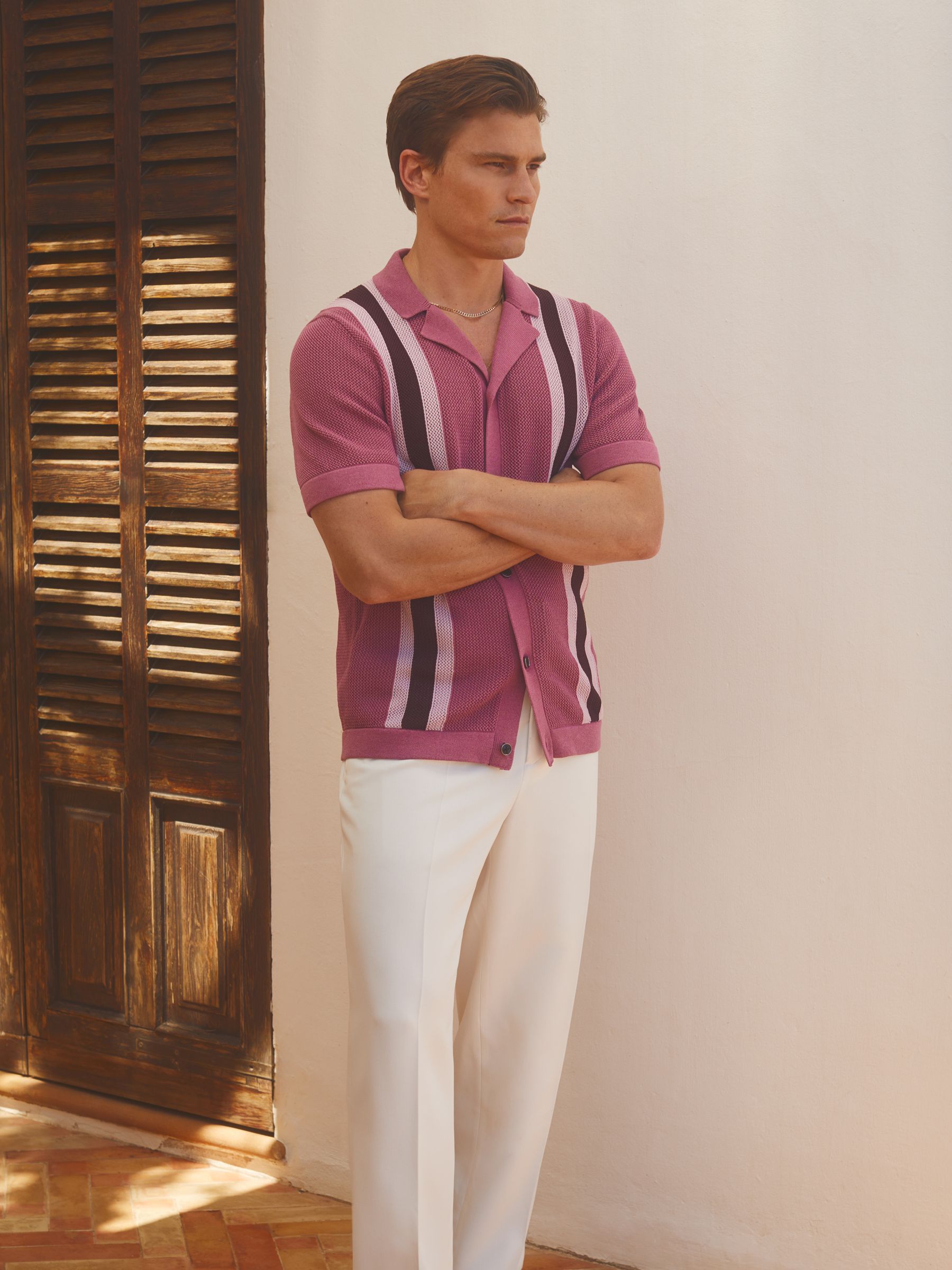 Reiss | Ché Knitted Contrast Stripe Cuban Collar Shirt in Pink Multi - Image 3 of 6