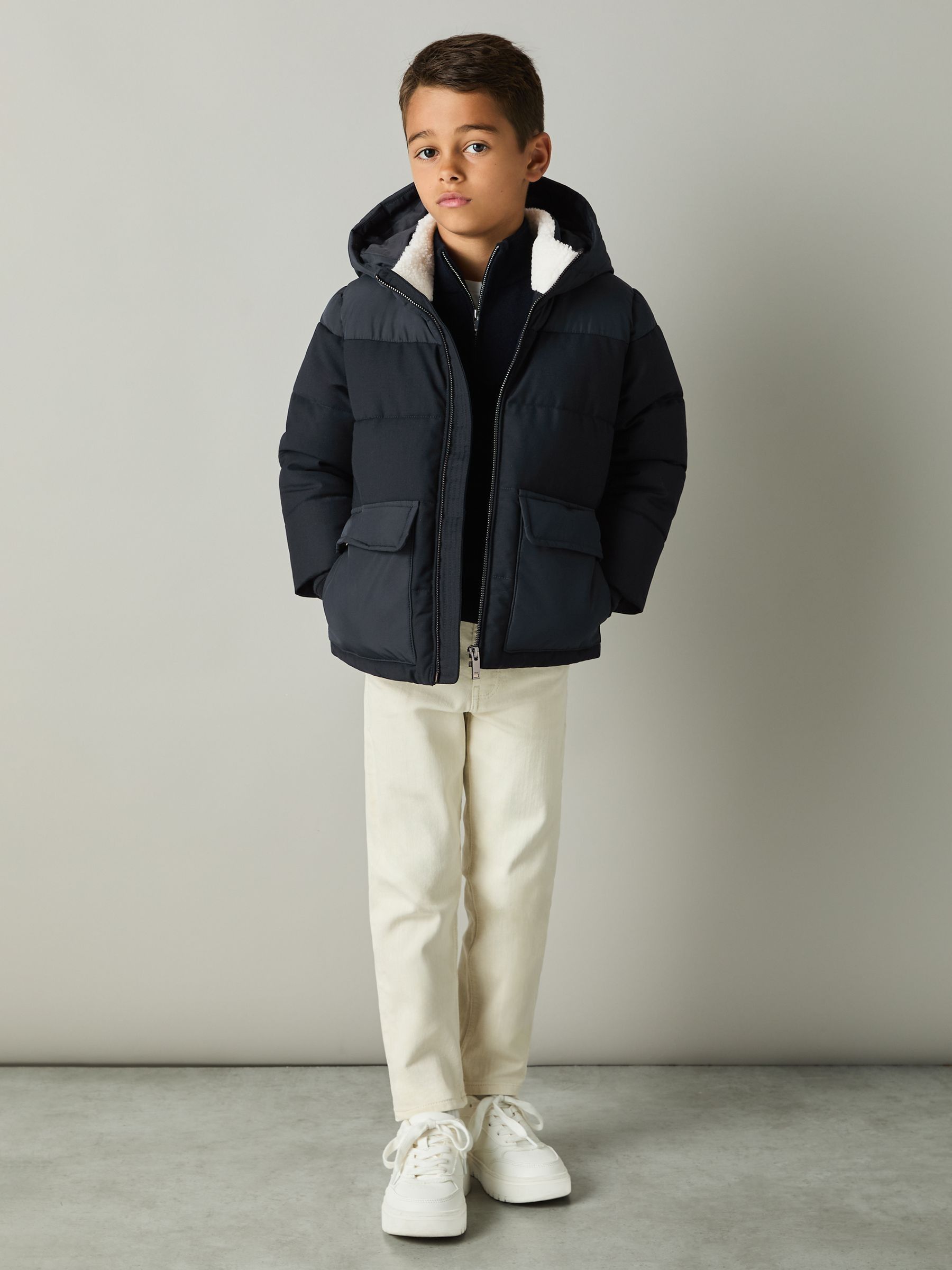 3-9 yrs Hooded Twill and Shell Puffer Jacket in Navy - Image 1 of 4 3-9 yrs Hooded Twill and Shell Puffer Jacket in Navy - Image 1 of 4