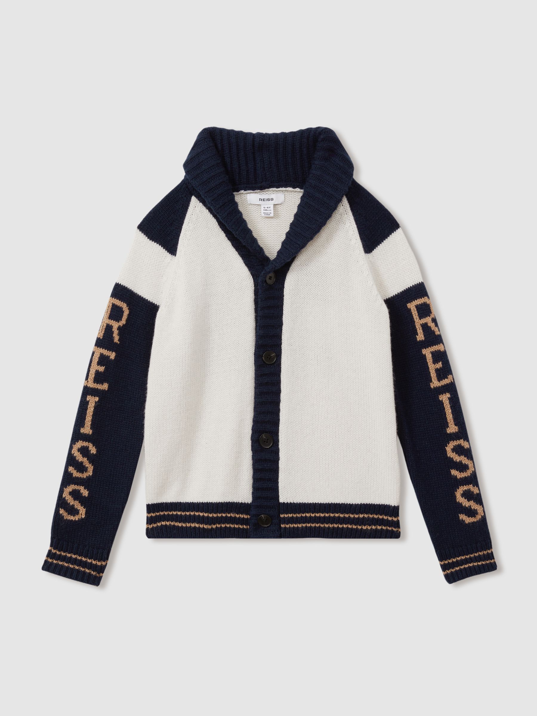 Knitted Varsity Cardigan in Off White/Navy - Image 1 of 5