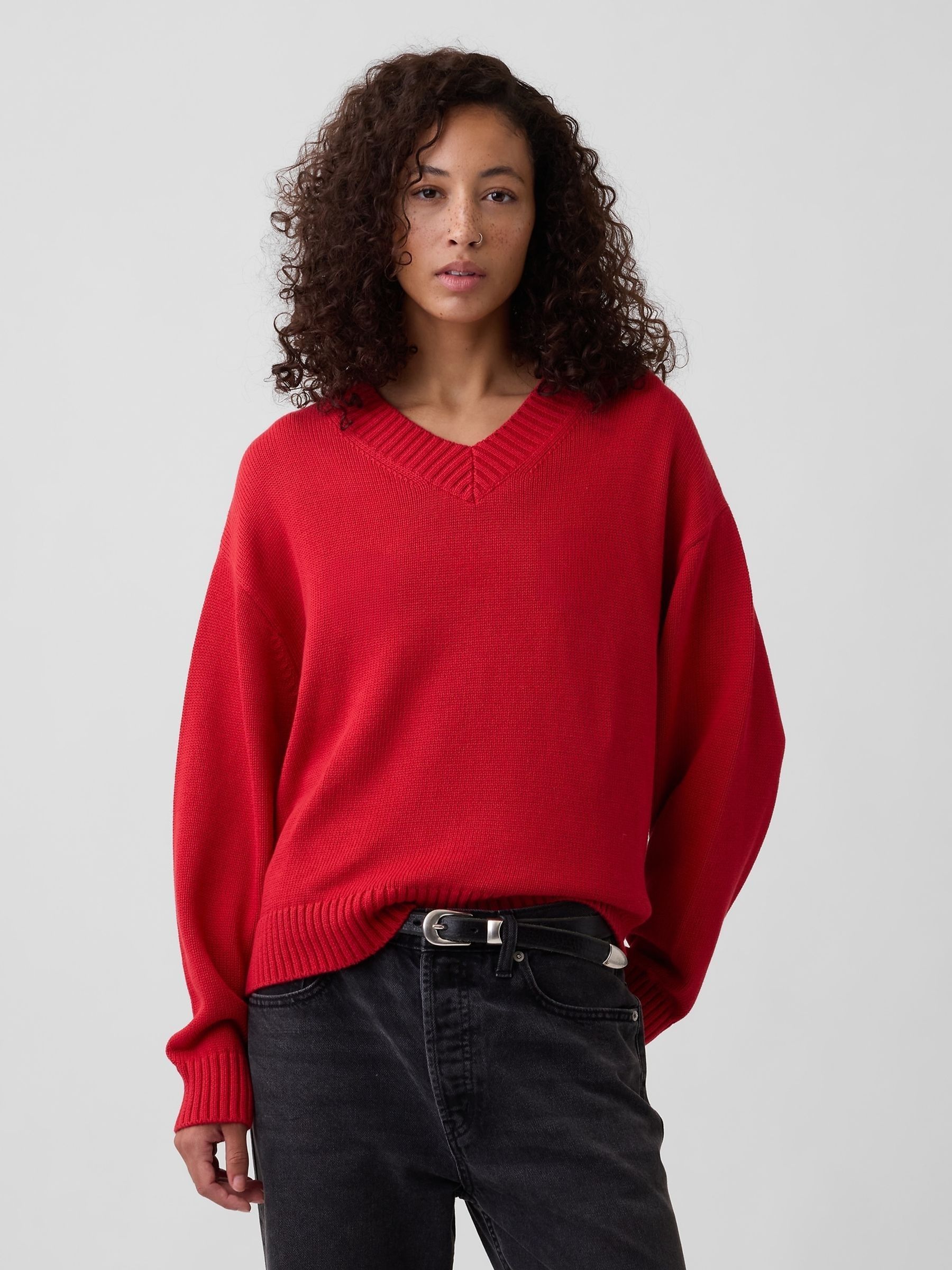 Red Oversized V-Neck Jumper - Image 1 of 5