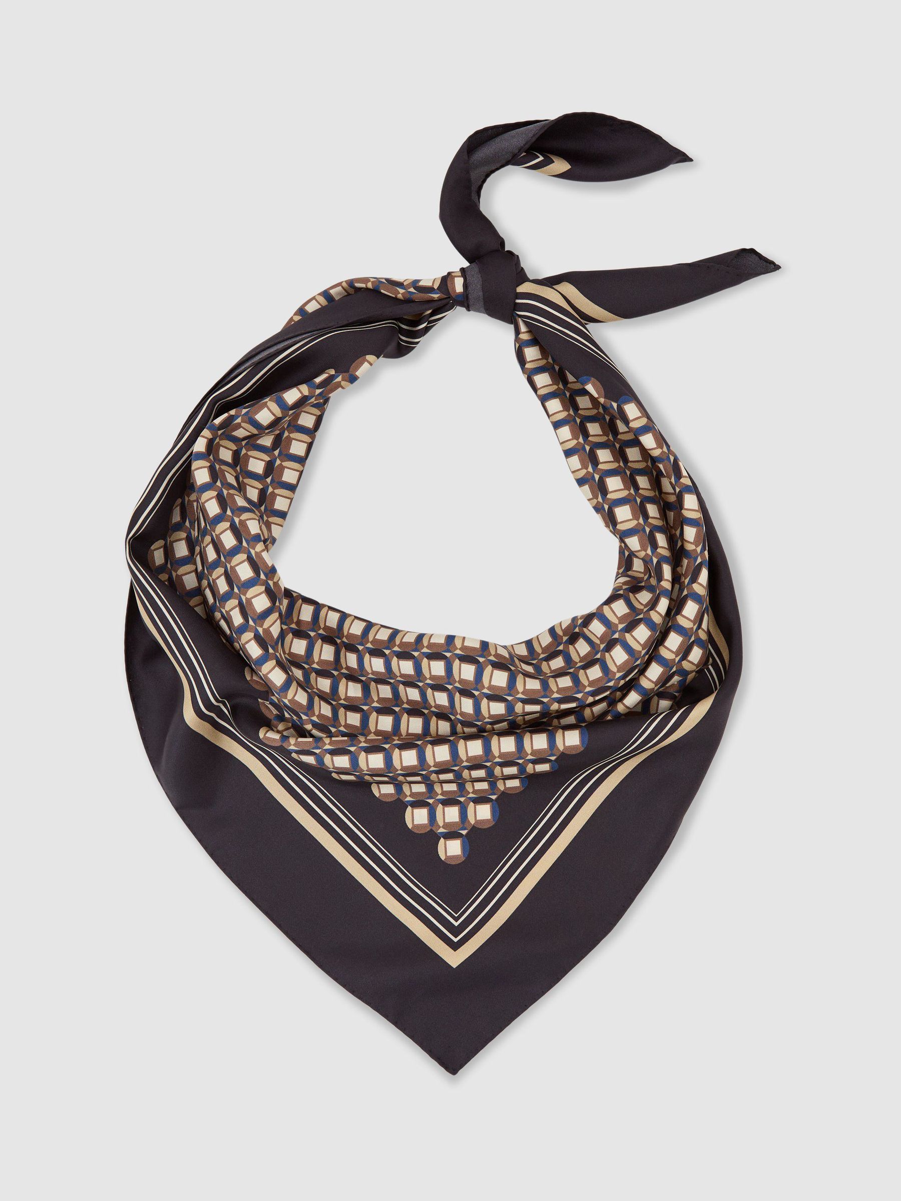 Silk Geometric-Print Square Scarf in Navy - Image 3 de 4