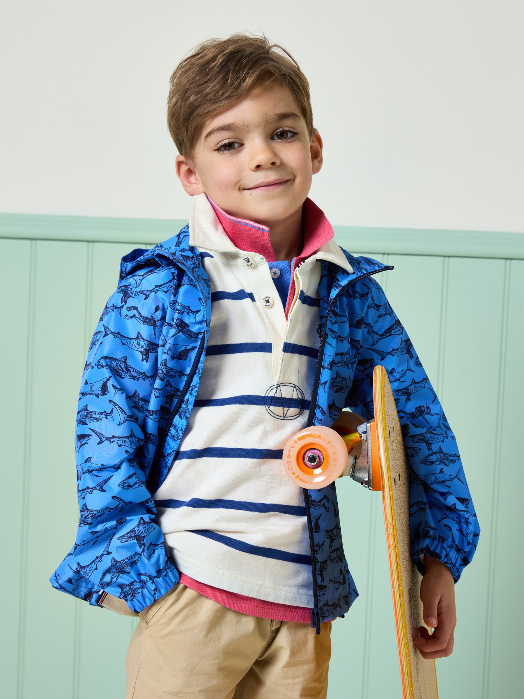 Boys' Rainwell Blue Shark Waterproof Raincoat With Hood Joules