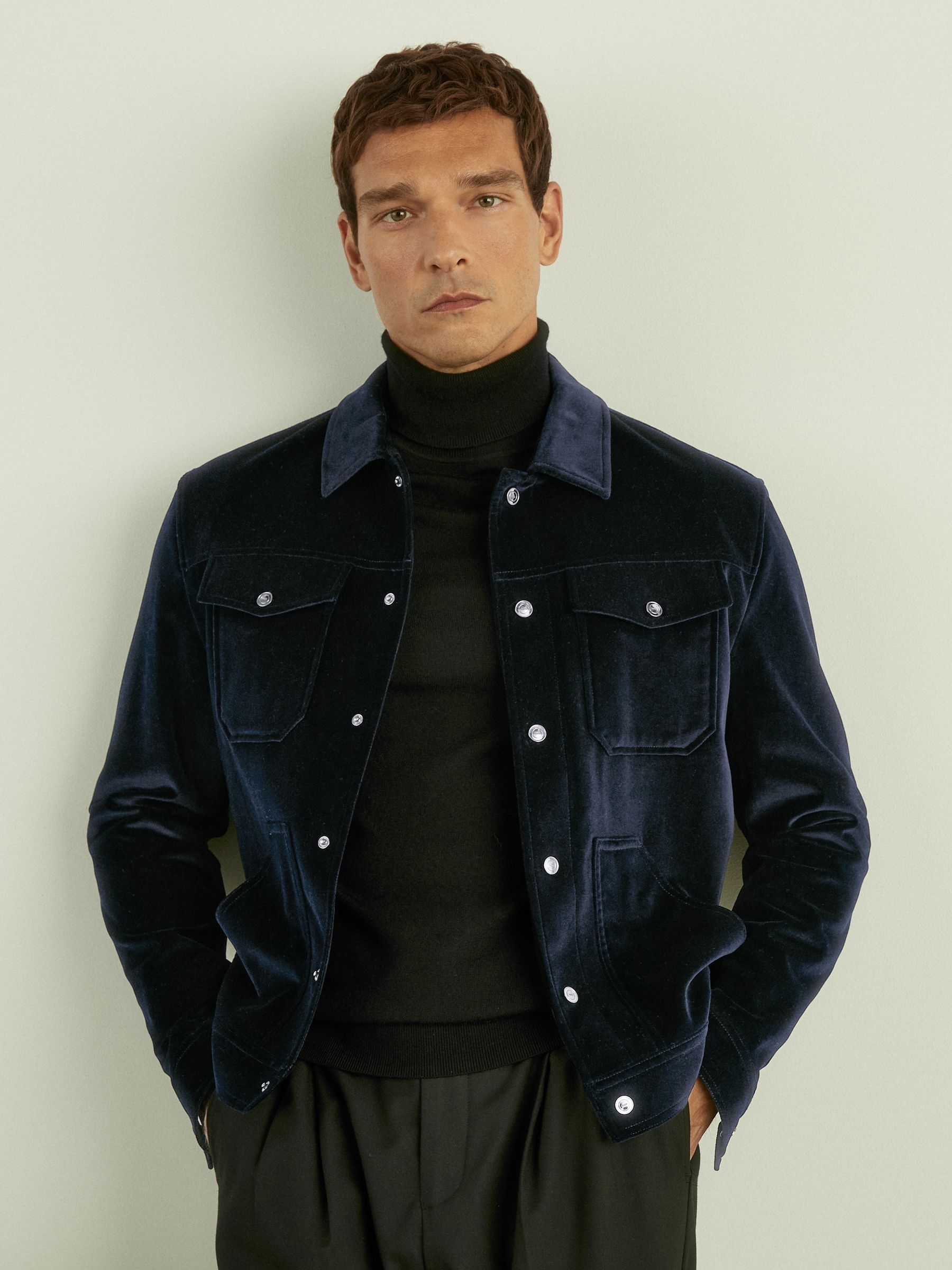 Cotton-Blend Velvet Jacket in Navy - Image 3 of 7