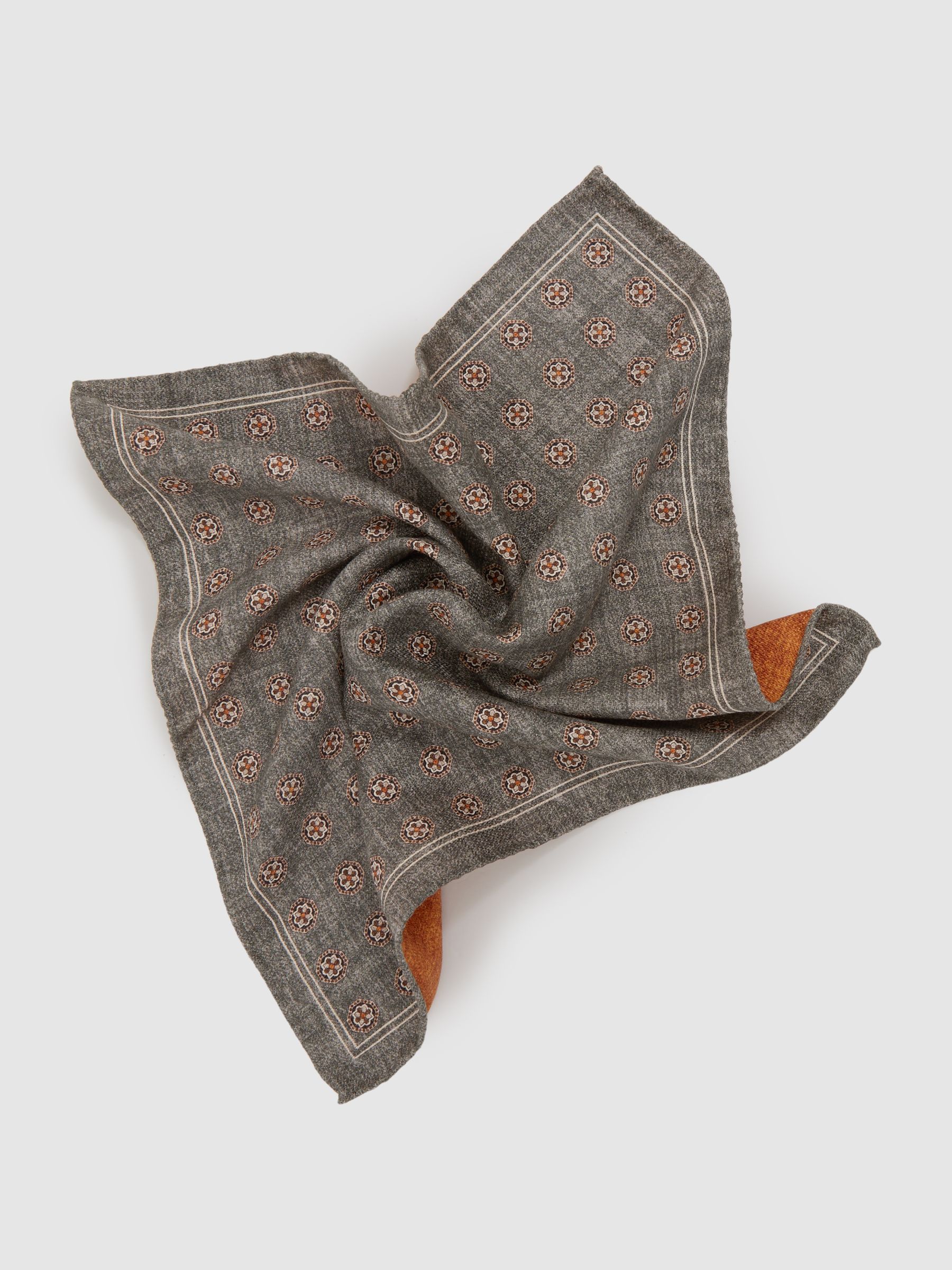 Reversible Silk Pocket Square in Charcoal/Burnt Orange - Image 2 of 4