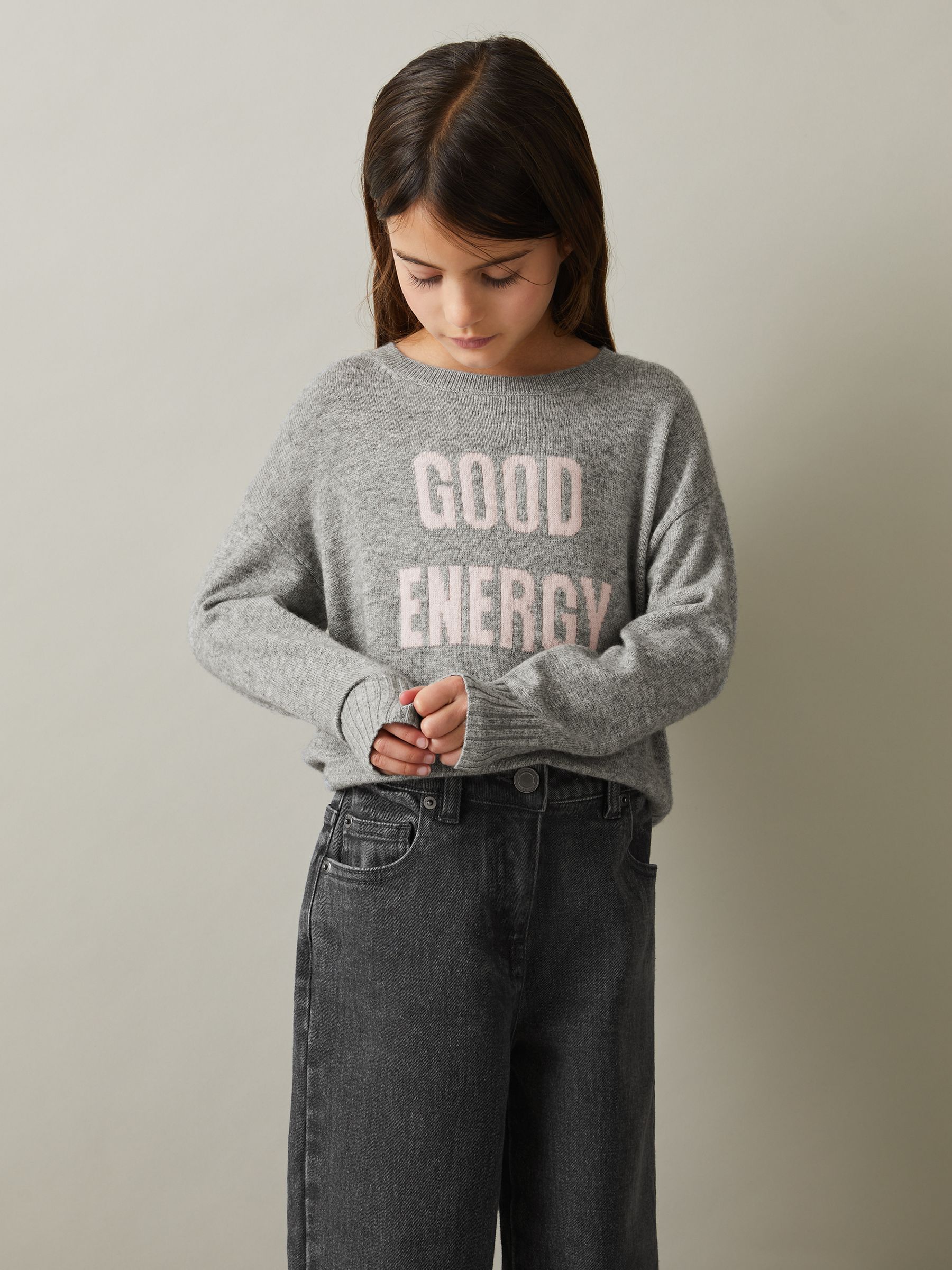 9-13 yrs Wool Blend Crew Neck Slogan Jumper in Grey - Image 1 of 4 9-13 yrs Wool Blend Crew Neck Slogan Jumper in Grey - Image 1 of 4