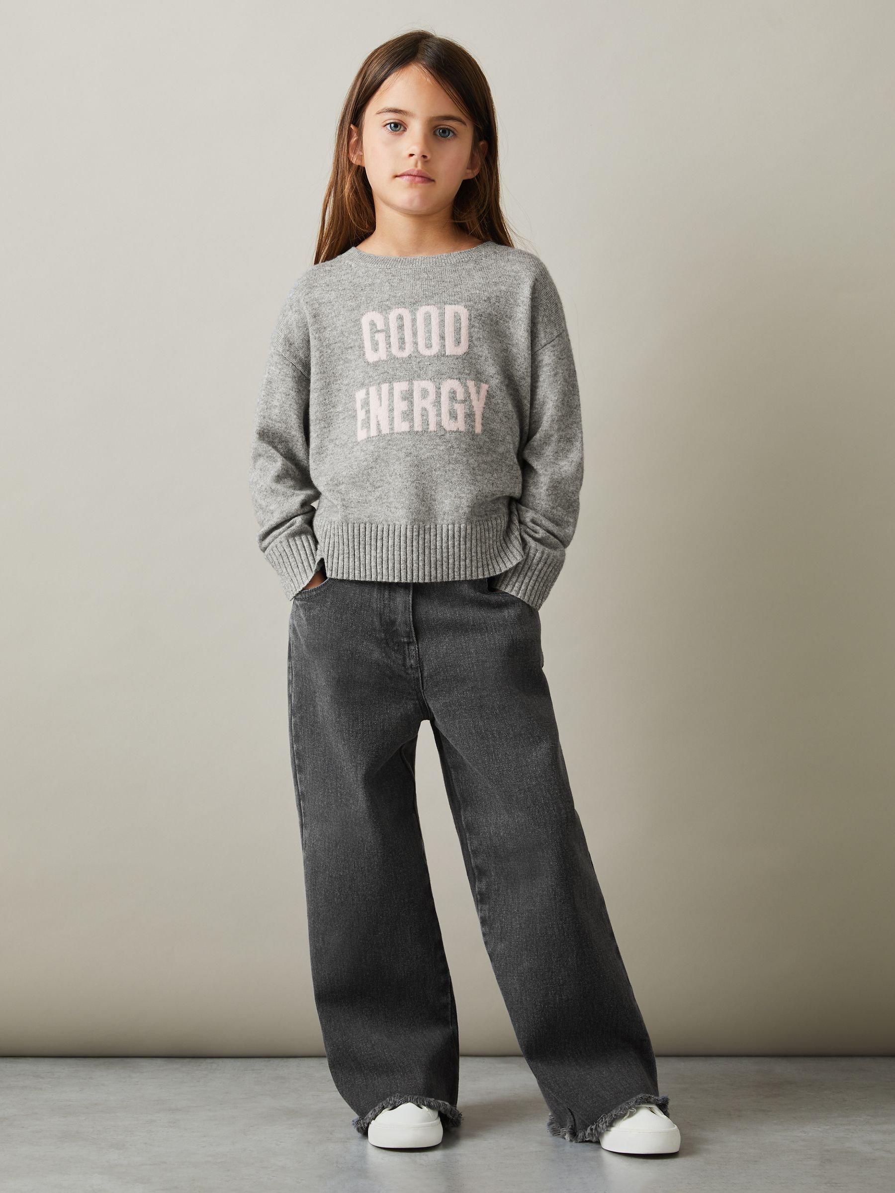 9-13 yrs Wool Blend Crew Neck Slogan Jumper in Grey - Image 3 of 4