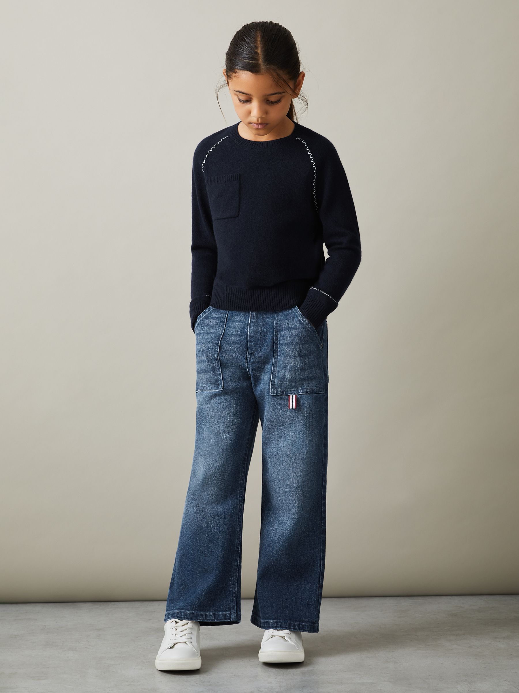 9-13 yrs Contrast Trim Wide Leg Jeans in Blue - Image 3 of 4