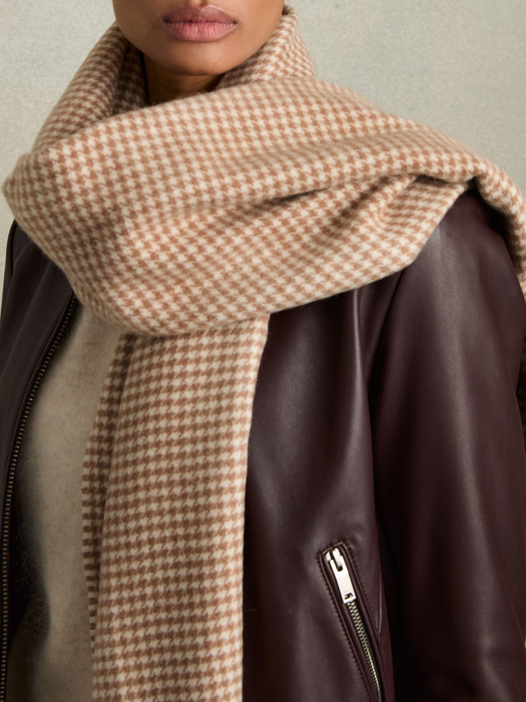 Wool Blend Dogtooth Embroidered Scarf in Neutral - Image 2 of 5