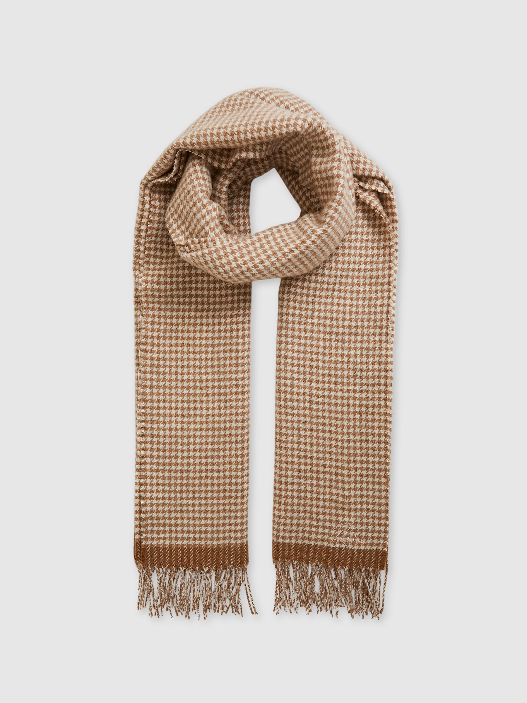 Wool Blend Dogtooth Embroidered Scarf in Neutral - Image 3 of 5
