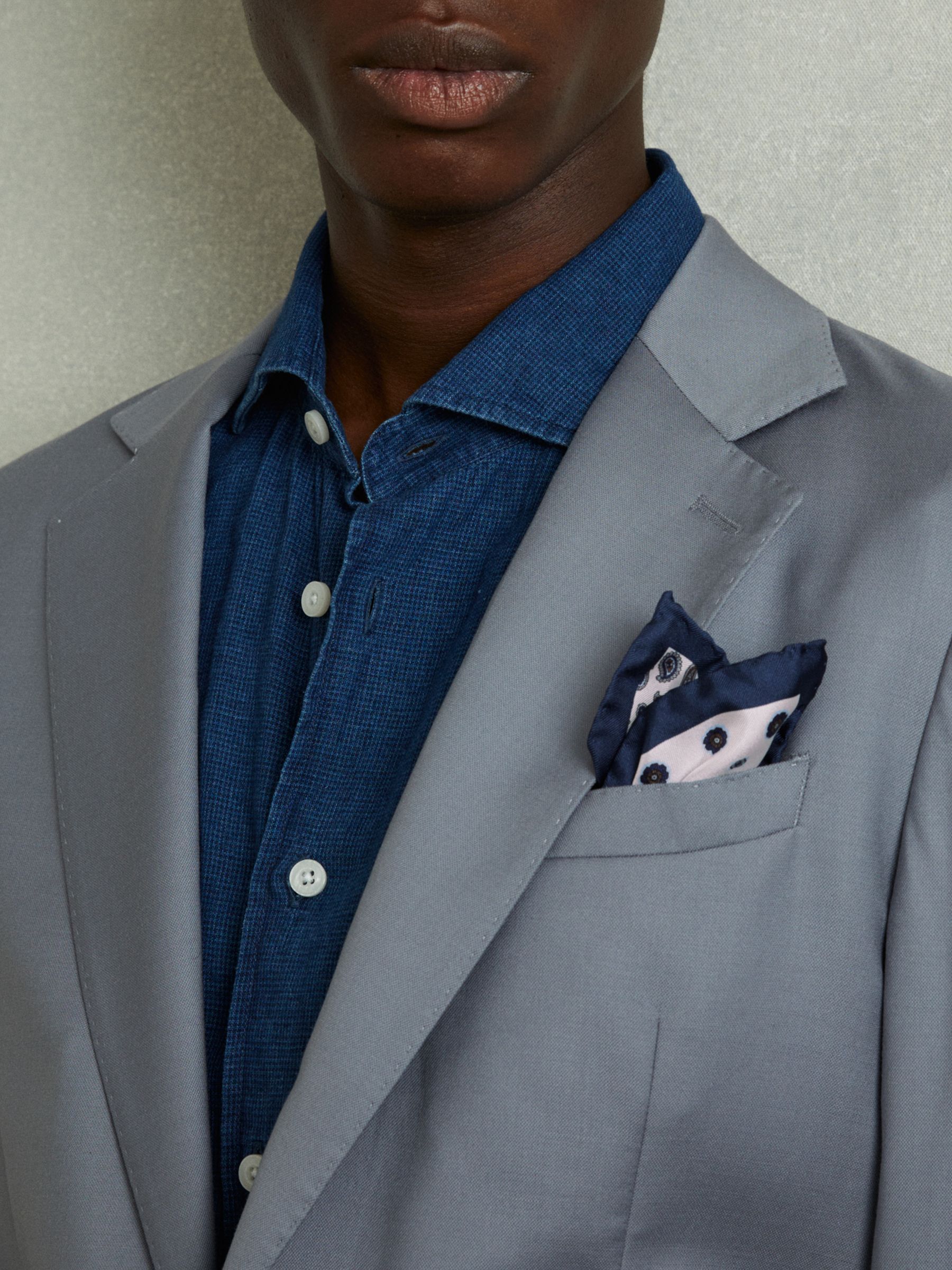 Silk Hybrid Print Pocket Square in Ivory/Navy - Image 2 of 5