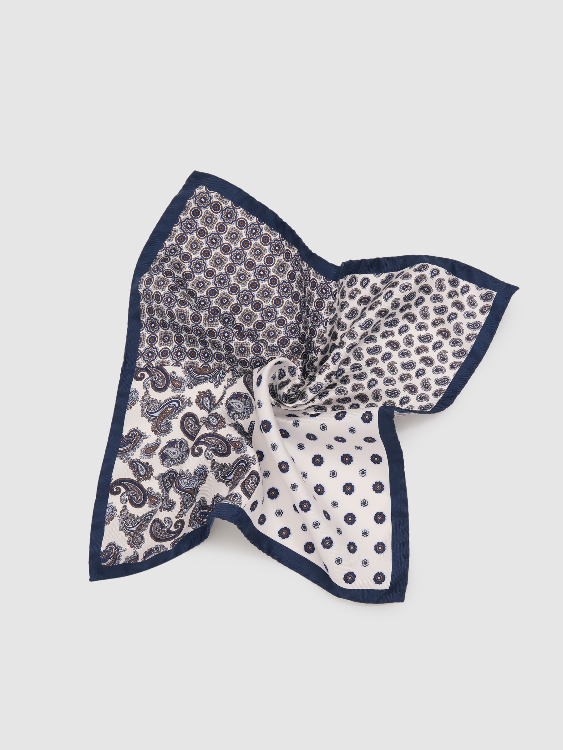 Silk Hybrid Print Pocket Square in Ivory/Navy - Image 3 of 5