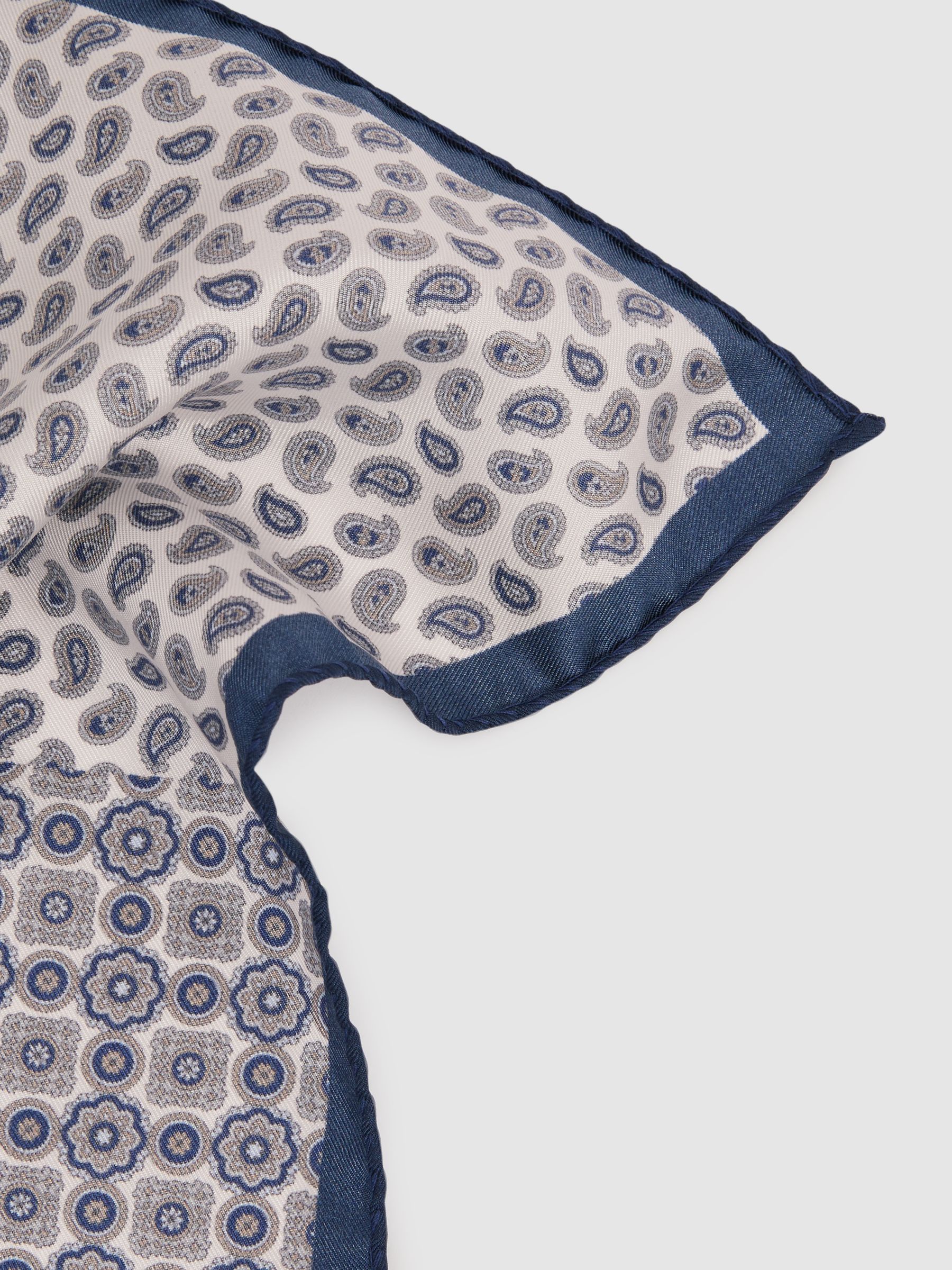 Silk Hybrid Print Pocket Square in Ivory/Navy - Image 4 of 5
