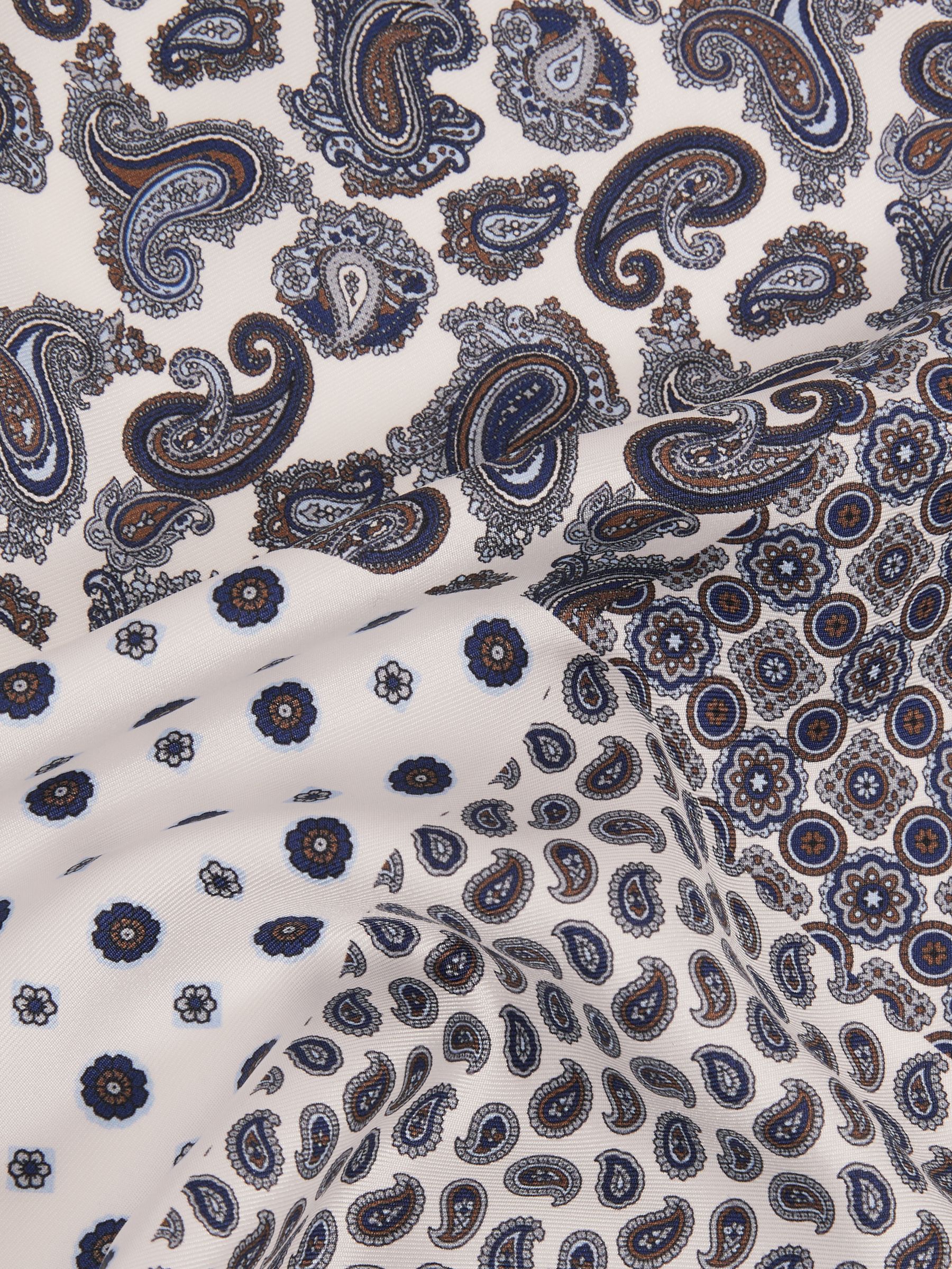 Silk Hybrid Print Pocket Square in Ivory/Navy - Image 5 of 5